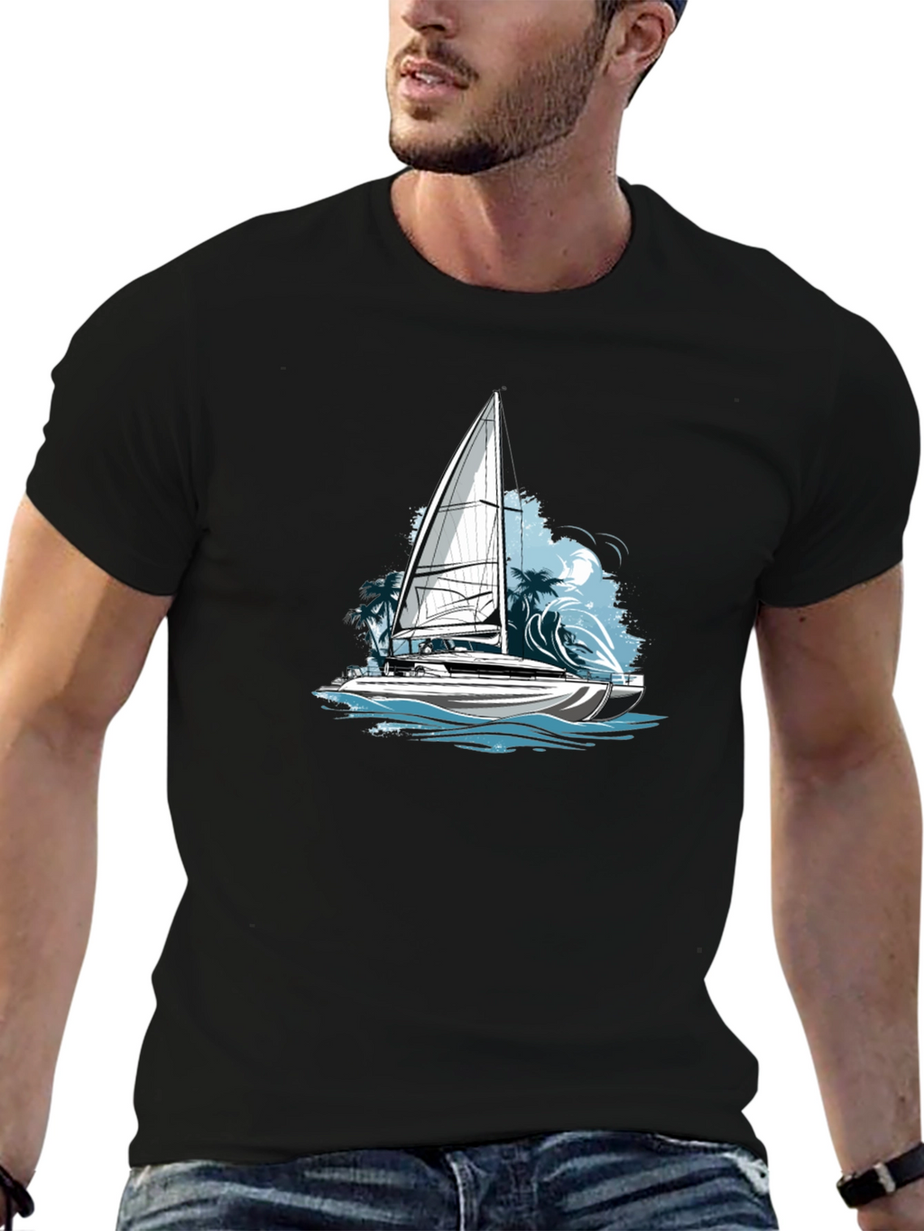 Nautical Sailboat Graphic Tee - Black Cotton Blend