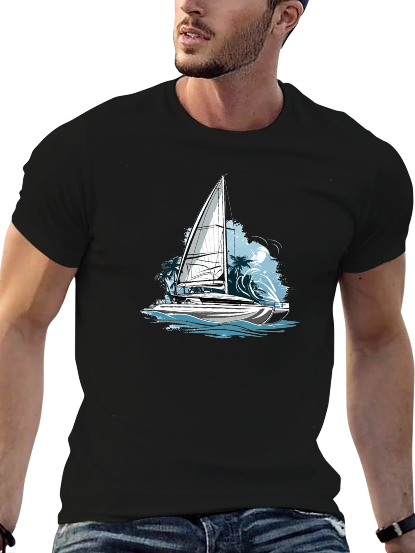 Nautical Sailboat Graphic Tee - Black Cotton Blend