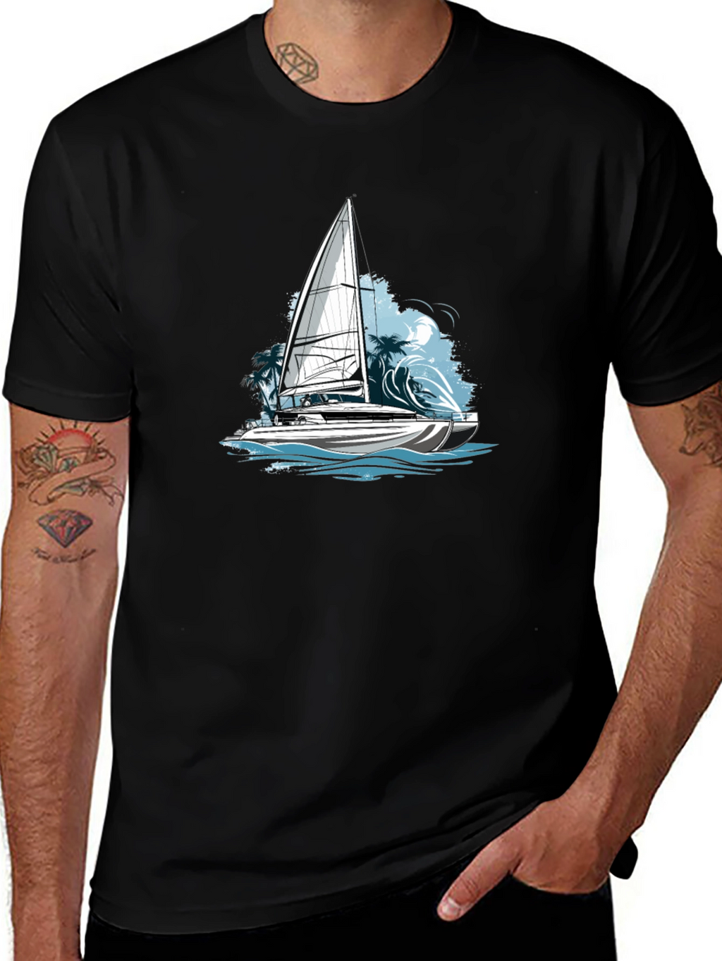 Nautical Sailboat Graphic Tee - Black Cotton Blend