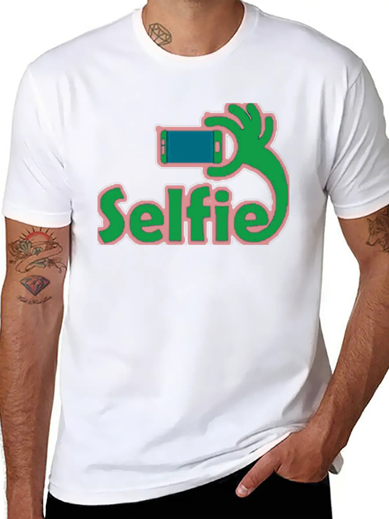 Taking Selfie Portrait Title Of Calligraphy Text Breathable Soft Cotton T-Shirt – Timeless Casual Look