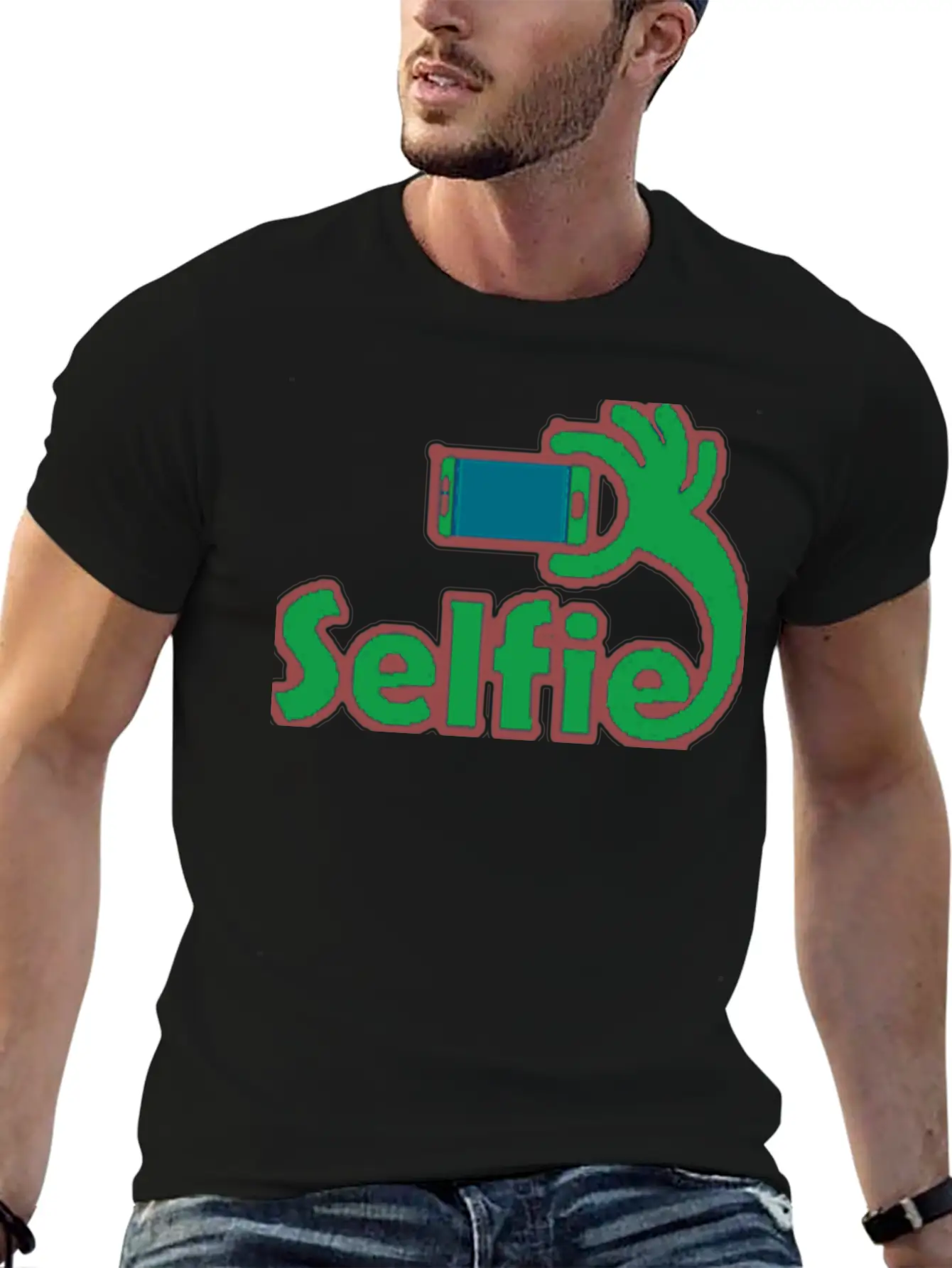 Taking Selfie Portrait Title Of Calligraphy Text Breathable Soft Cotton T-Shirt – Timeless Casual Look