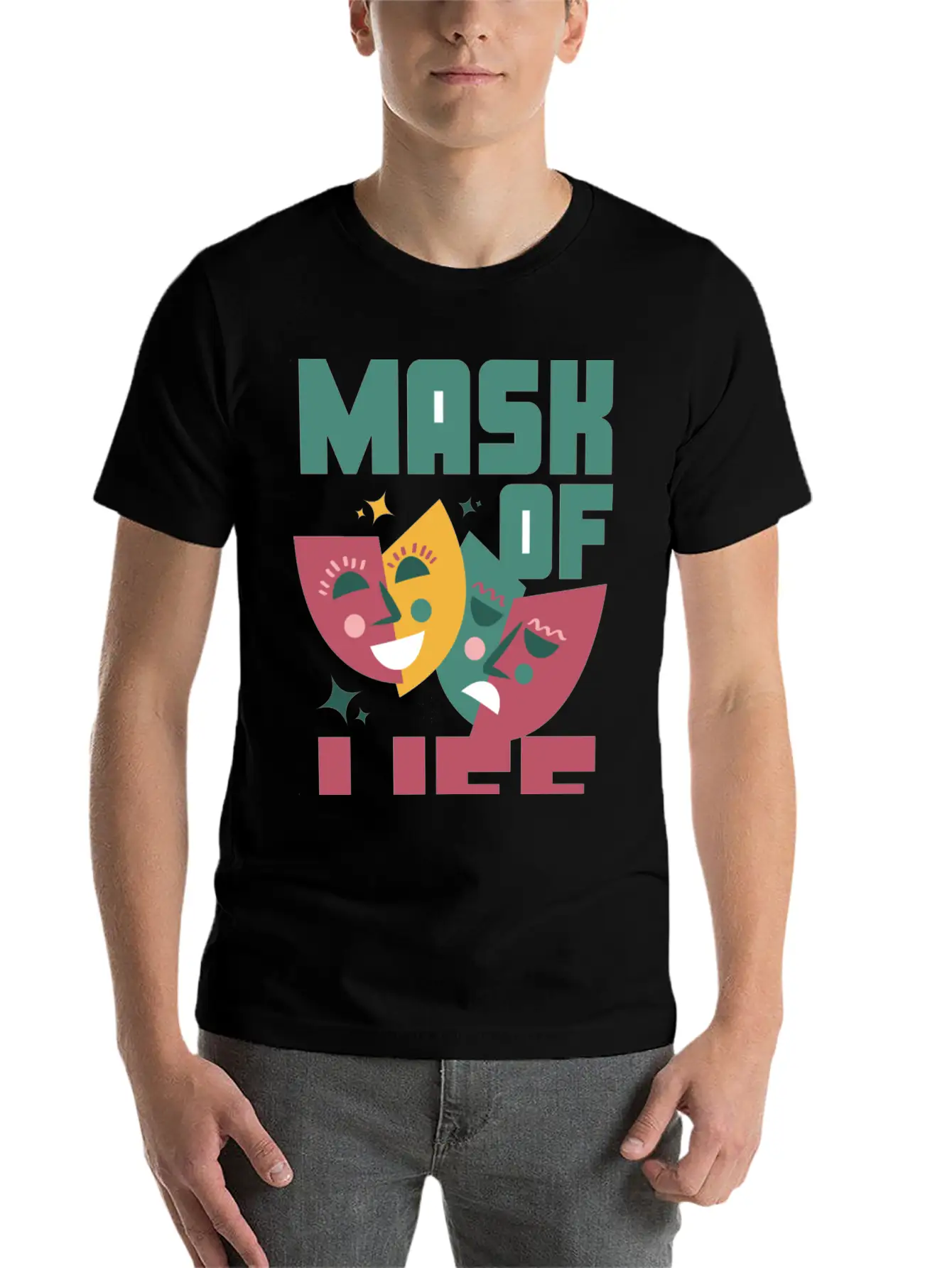 Tealn And Pink Bold Mask Of Life T-shirt. Breathable Soft Cotton T-Shirt – Timeless Casual Look