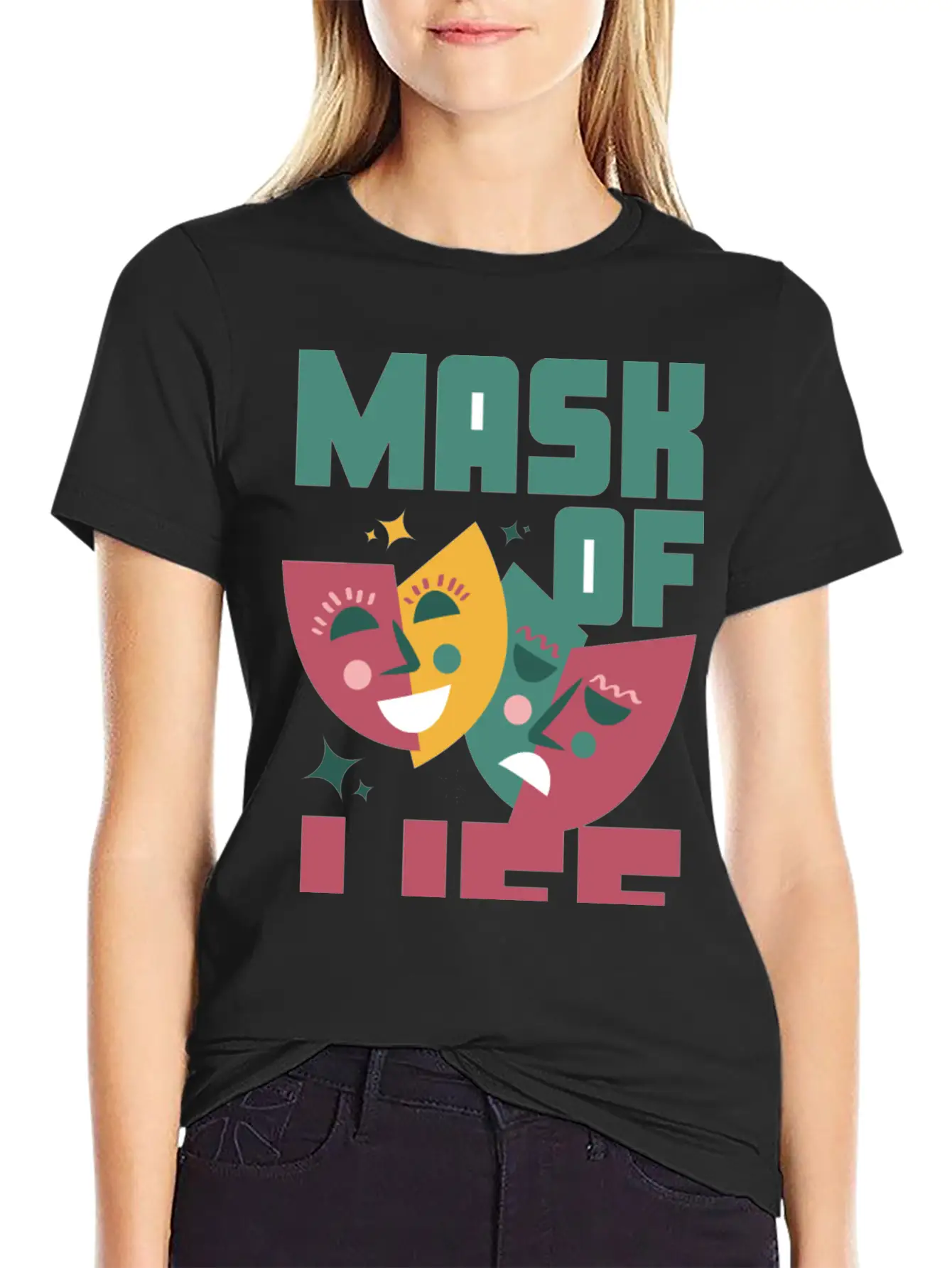 Tealn And Pink Bold Mask Of Life T-shirt. Breathable Soft Cotton T-Shirt – Timeless Casual Look