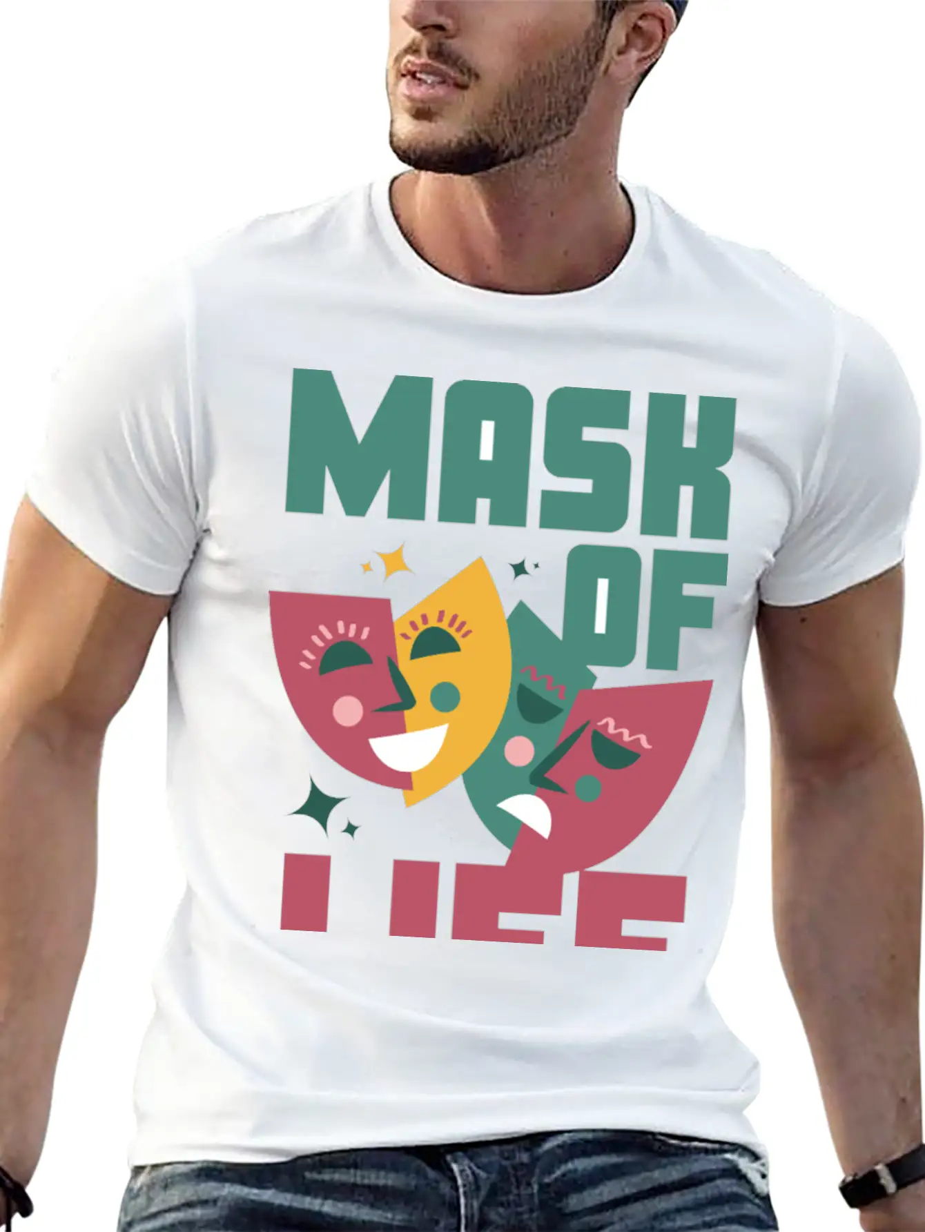 Tealn And Pink Bold Mask Of Life T-shirt. Breathable Soft Cotton T-Shirt – Timeless Casual Look