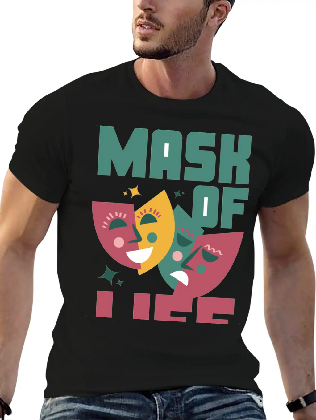 Tealn And Pink Bold Mask Of Life T-shirt. Breathable Soft Cotton T-Shirt – Timeless Casual Look