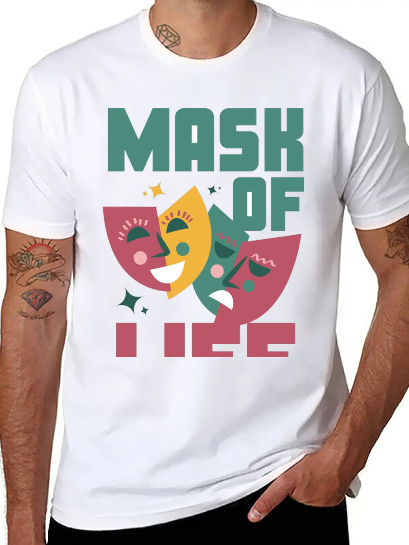 Tealn And Pink Bold Mask Of Life T-shirt. Breathable Soft Cotton T-Shirt – Timeless Casual Look