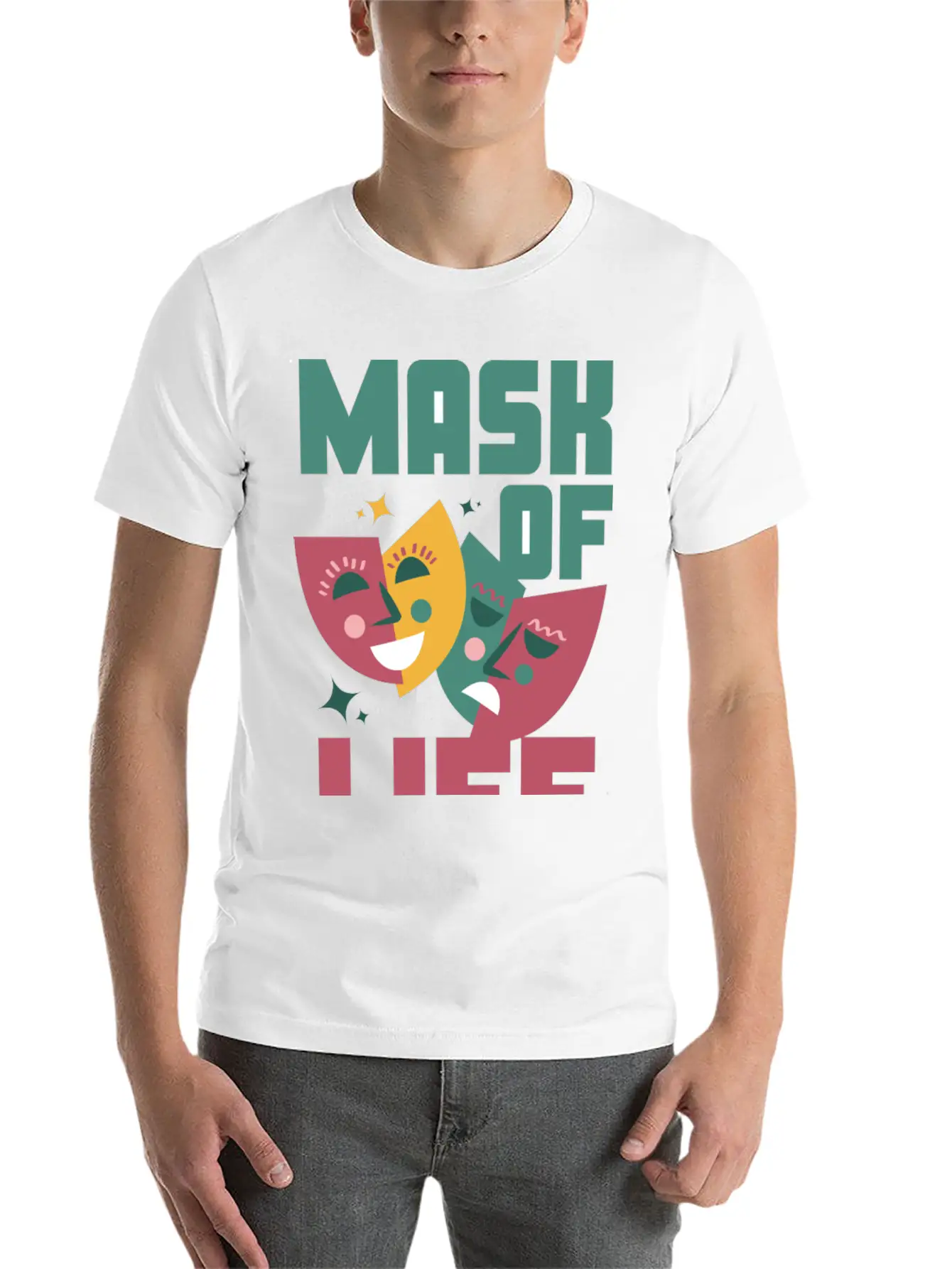 Tealn And Pink Bold Mask Of Life T-shirt. Breathable Soft Cotton T-Shirt – Timeless Casual Look