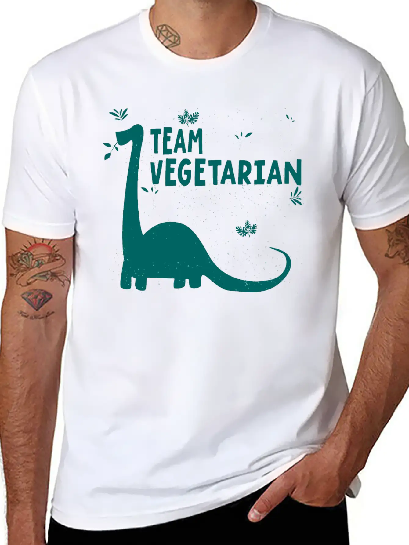 Team Vegetarian - Dinosaur Vegan Stylish Everyday T-Shirt – Unisex Basic Cotton Tee