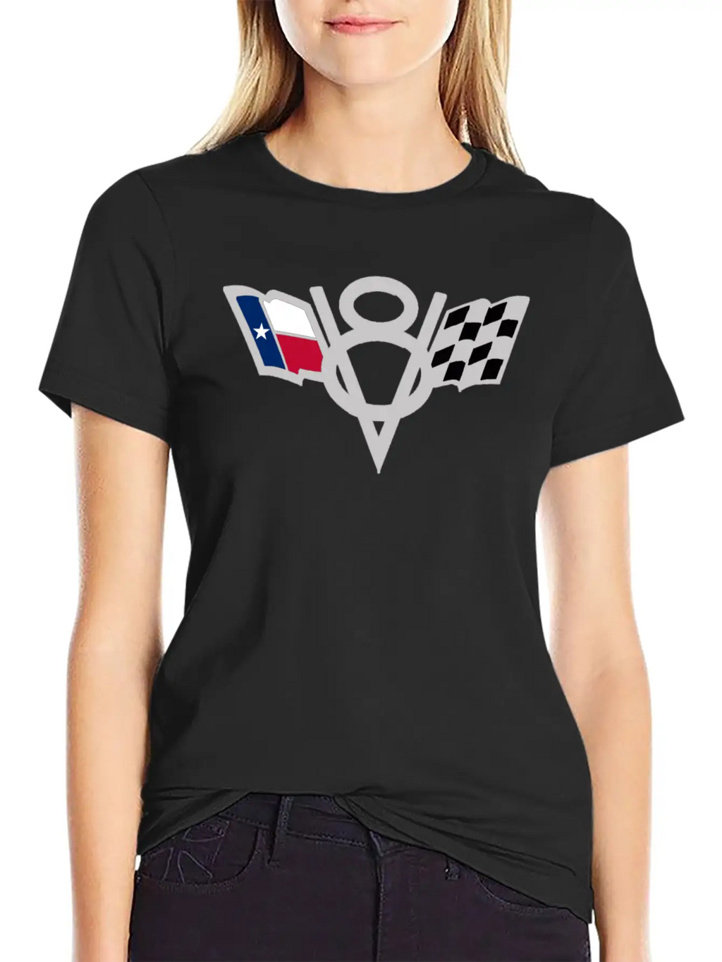 Texas State V8 Chequered Flag USA Lone Star Badge Stylish Everyday T-Shirt – Unisex Basic Cotton Tee
