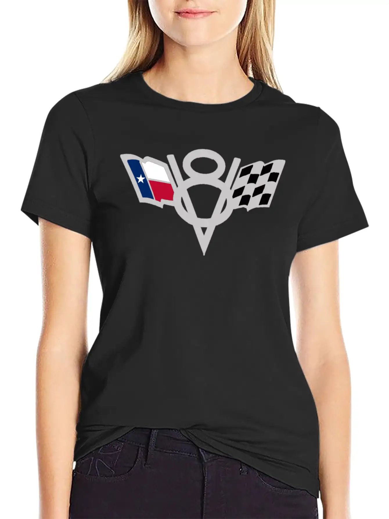 Texas State V8 Chequered Flag USA Lone Star Badge Stylish Everyday T-Shirt – Unisex Basic Cotton Tee