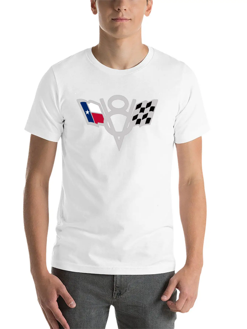 Texas State V8 Chequered Flag USA Lone Star Badge Stylish Everyday T-Shirt – Unisex Basic Cotton Tee