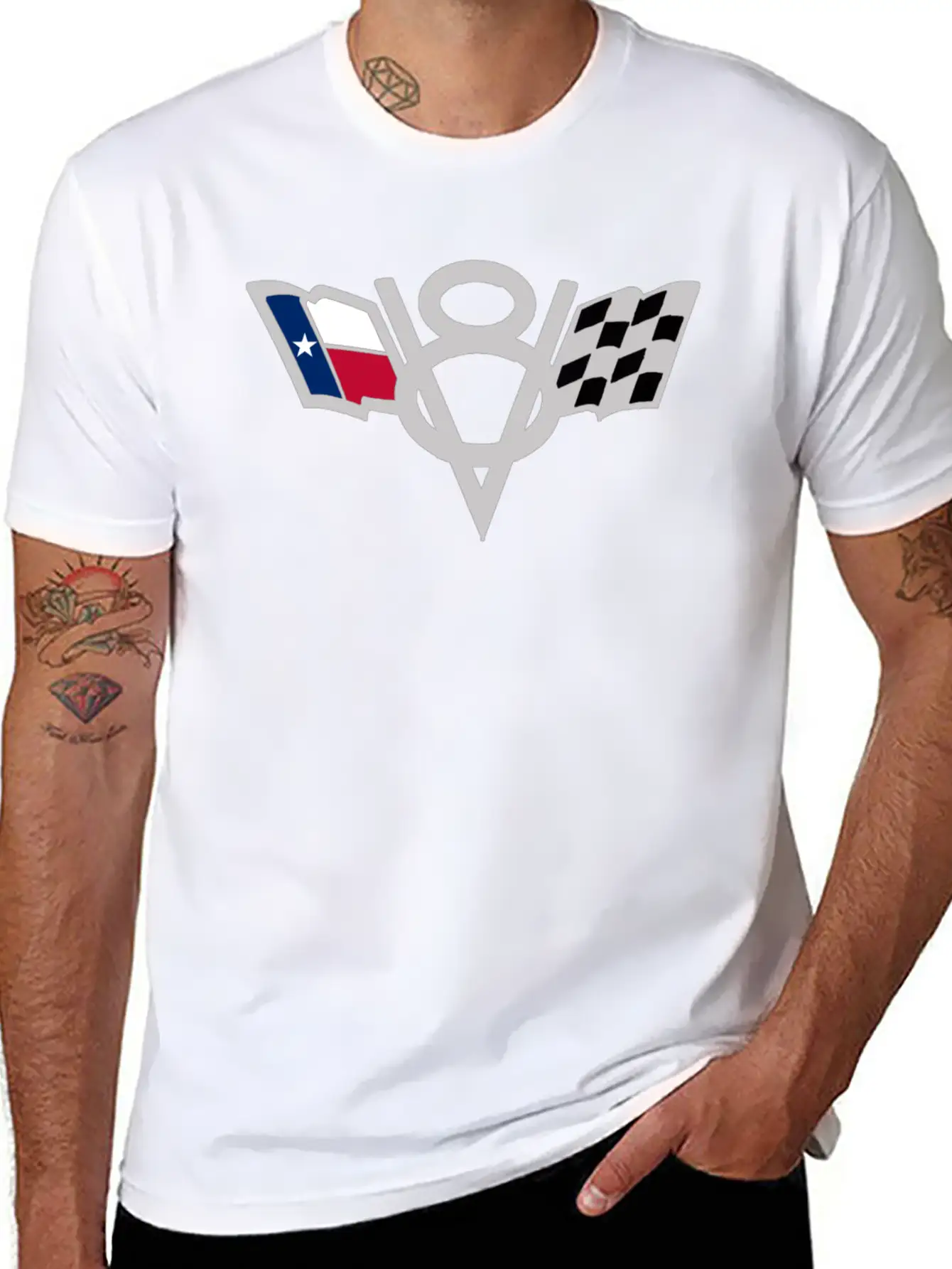 Texas State V8 Chequered Flag USA Lone Star Badge Stylish Everyday T-Shirt – Unisex Basic Cotton Tee