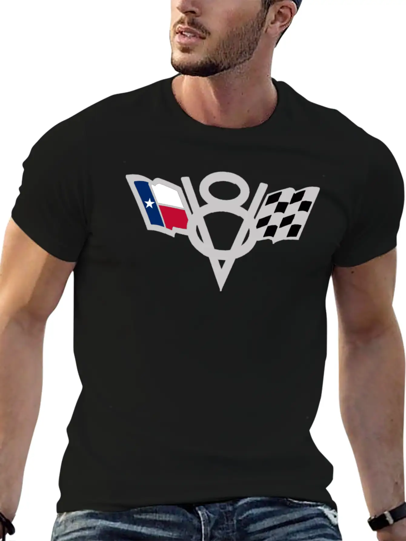Texas State V8 Chequered Flag USA Lone Star Badge Stylish Everyday T-Shirt – Unisex Basic Cotton Tee