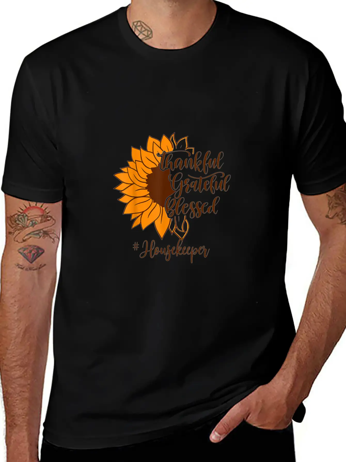 Thankful Grateful Blessed Housekeeper Sunflower Relaxed Everyday Tee – Lightweight And Durable Cotton