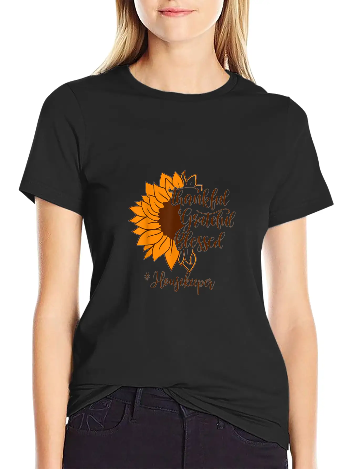 Thankful Grateful Blessed Housekeeper Sunflower Relaxed Everyday Tee – Lightweight And Durable Cotton