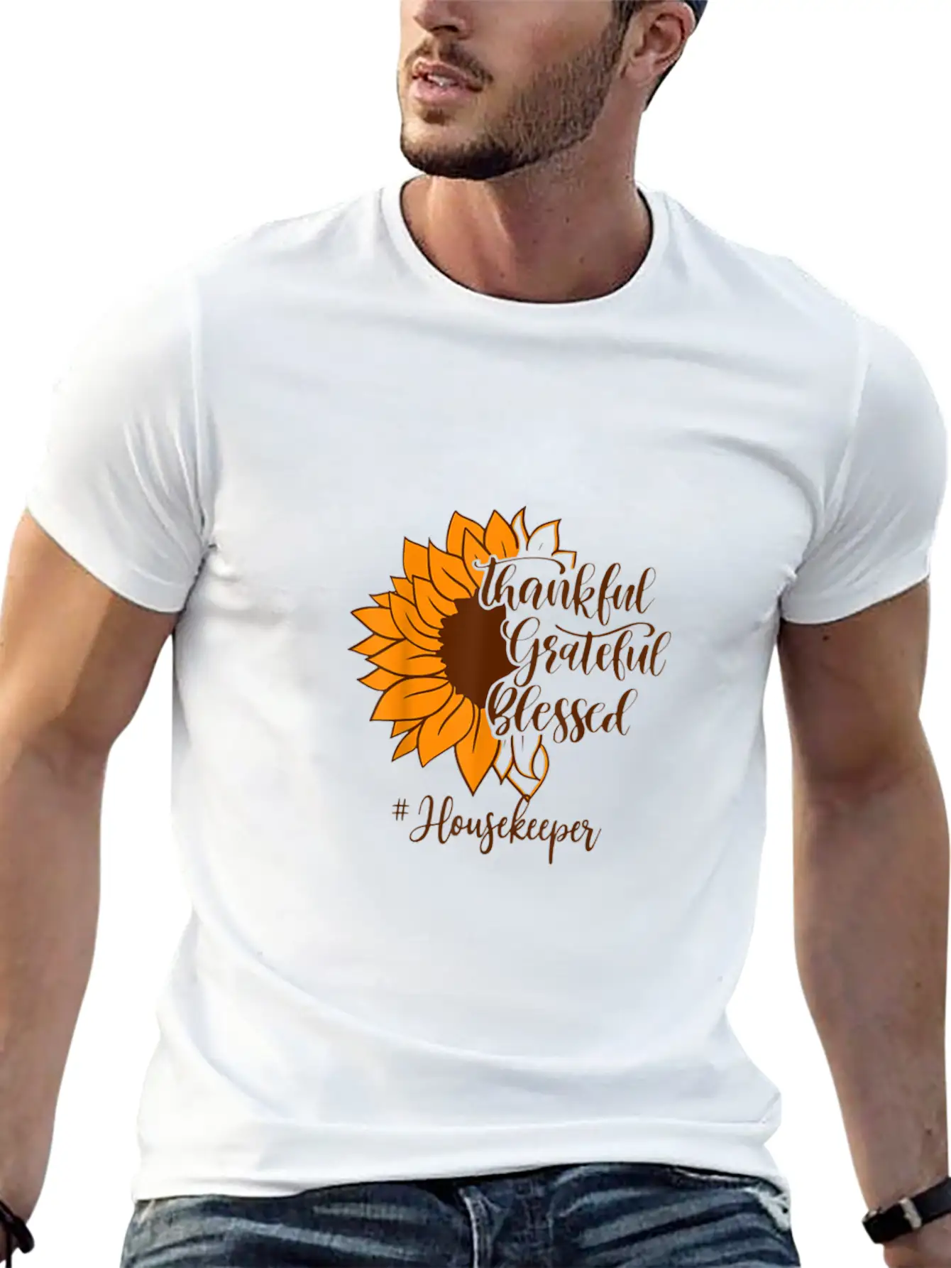 Thankful Grateful Blessed Housekeeper Sunflower Relaxed Everyday Tee – Lightweight And Durable Cotton