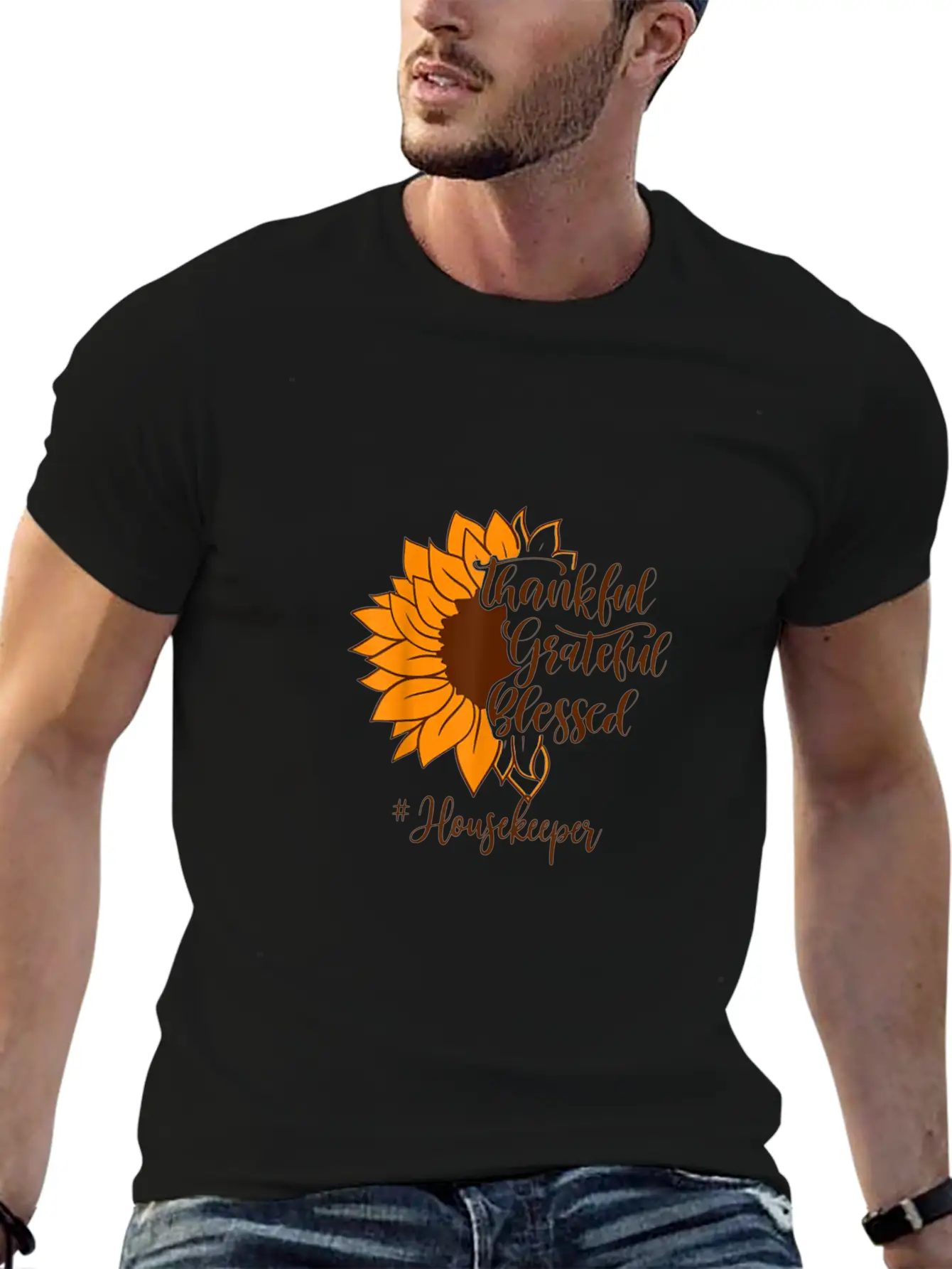 Thankful Grateful Blessed Housekeeper Sunflower Relaxed Everyday Tee – Lightweight And Durable Cotton