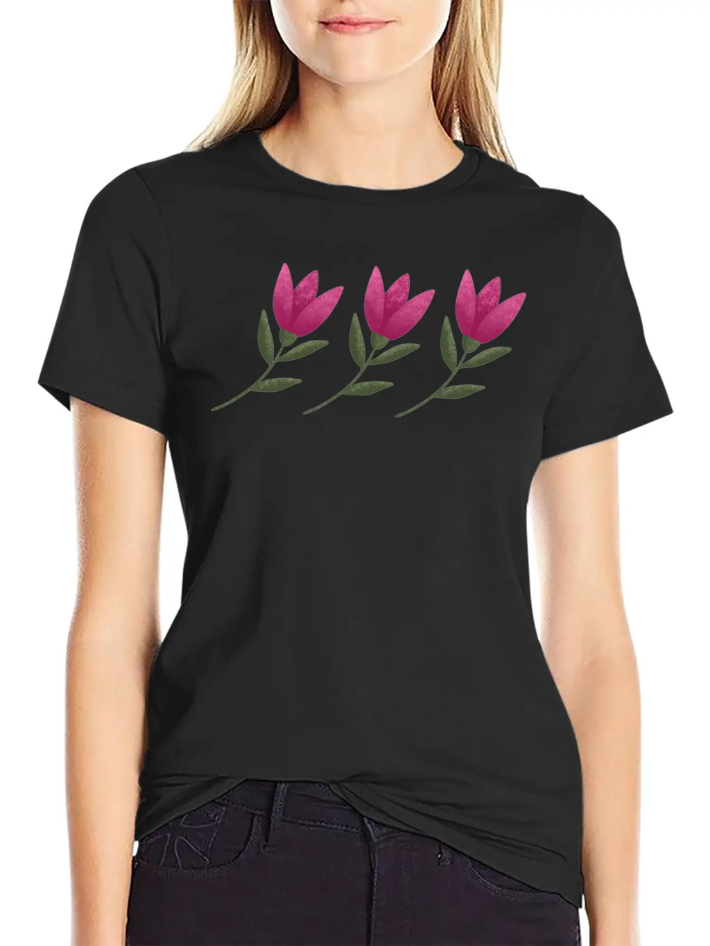 Three Pink Blooming Cute Tulips. Row Of Flowers. Breathable Soft Cotton T-Shirt – Timeless Casual Look