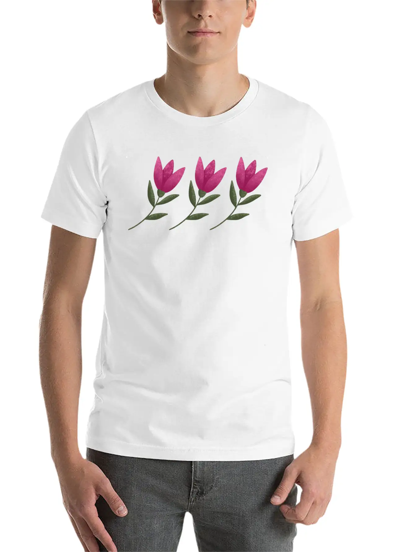 Three Pink Blooming Cute Tulips. Row Of Flowers. Breathable Soft Cotton T-Shirt – Timeless Casual Look