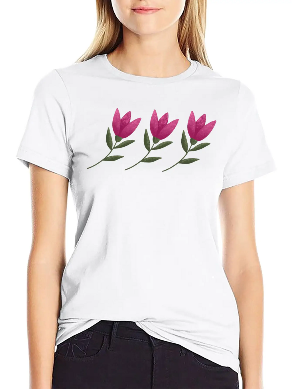 Three Pink Blooming Cute Tulips. Row Of Flowers. Breathable Soft Cotton T-Shirt – Timeless Casual Look
