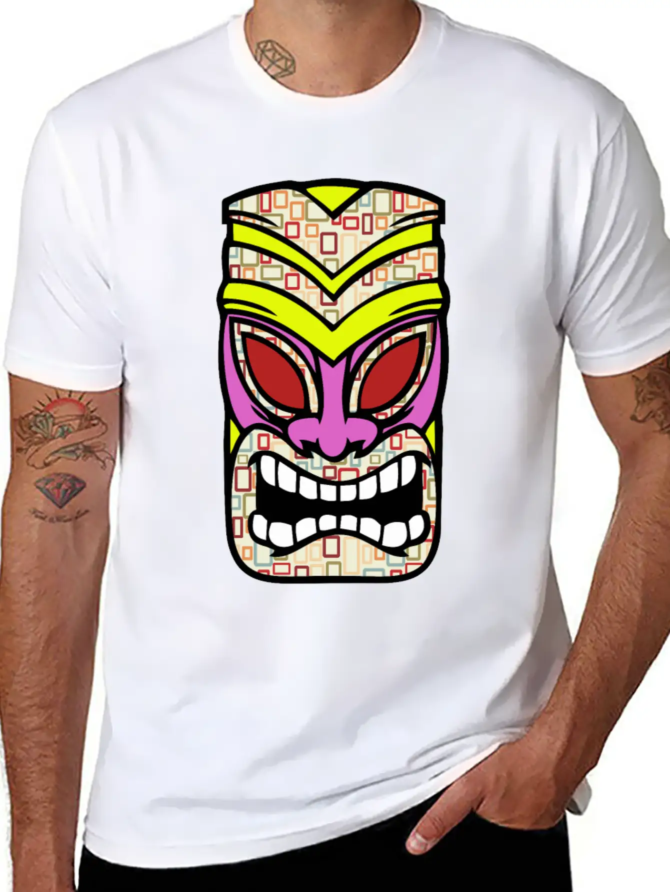 Tiki Mask Hawaii Colored Stylish Everyday T-Shirt – Unisex Basic Cotton Tee
