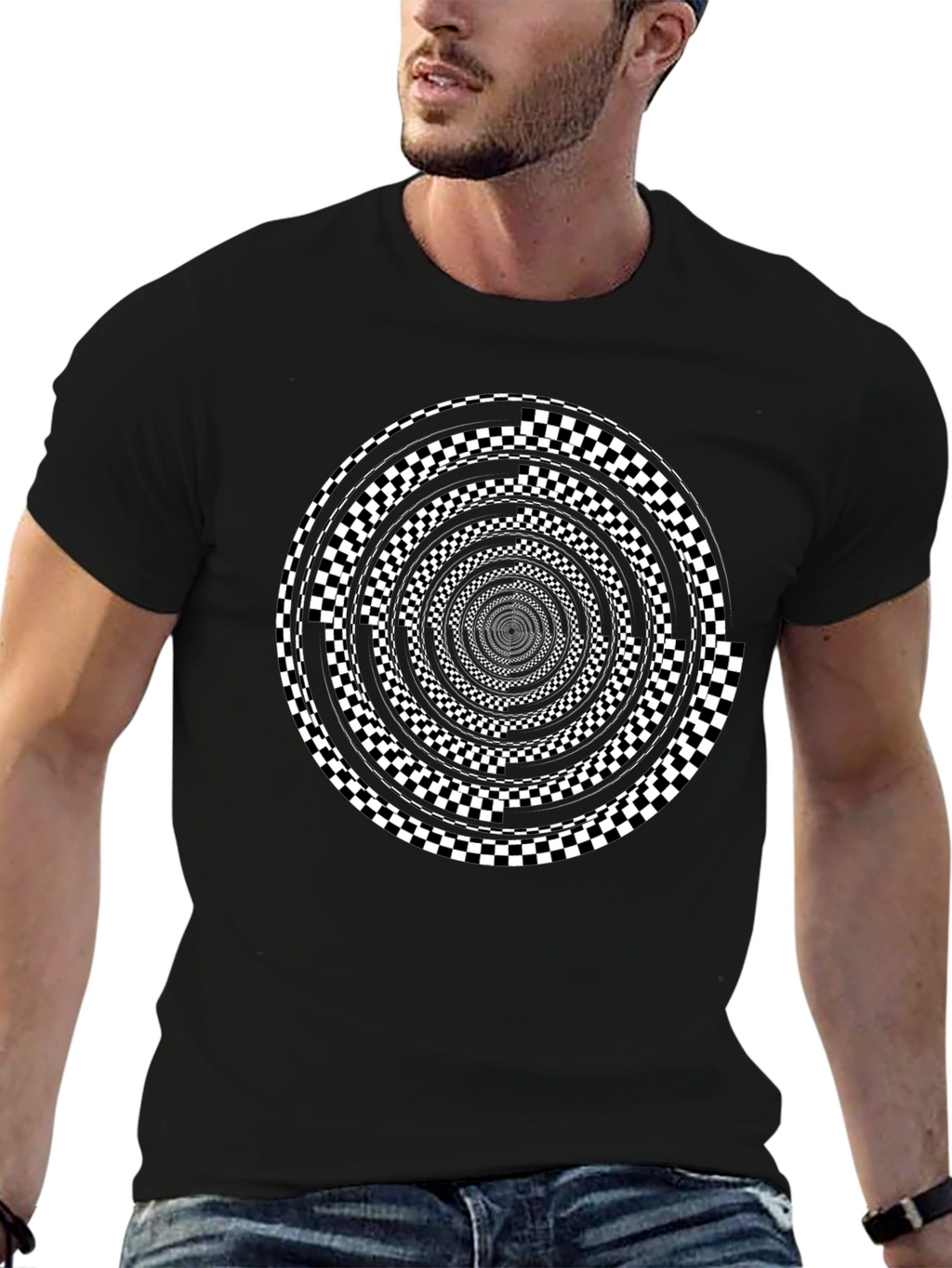 Optical Illusion Checkerboard Spiral Graphic Tee