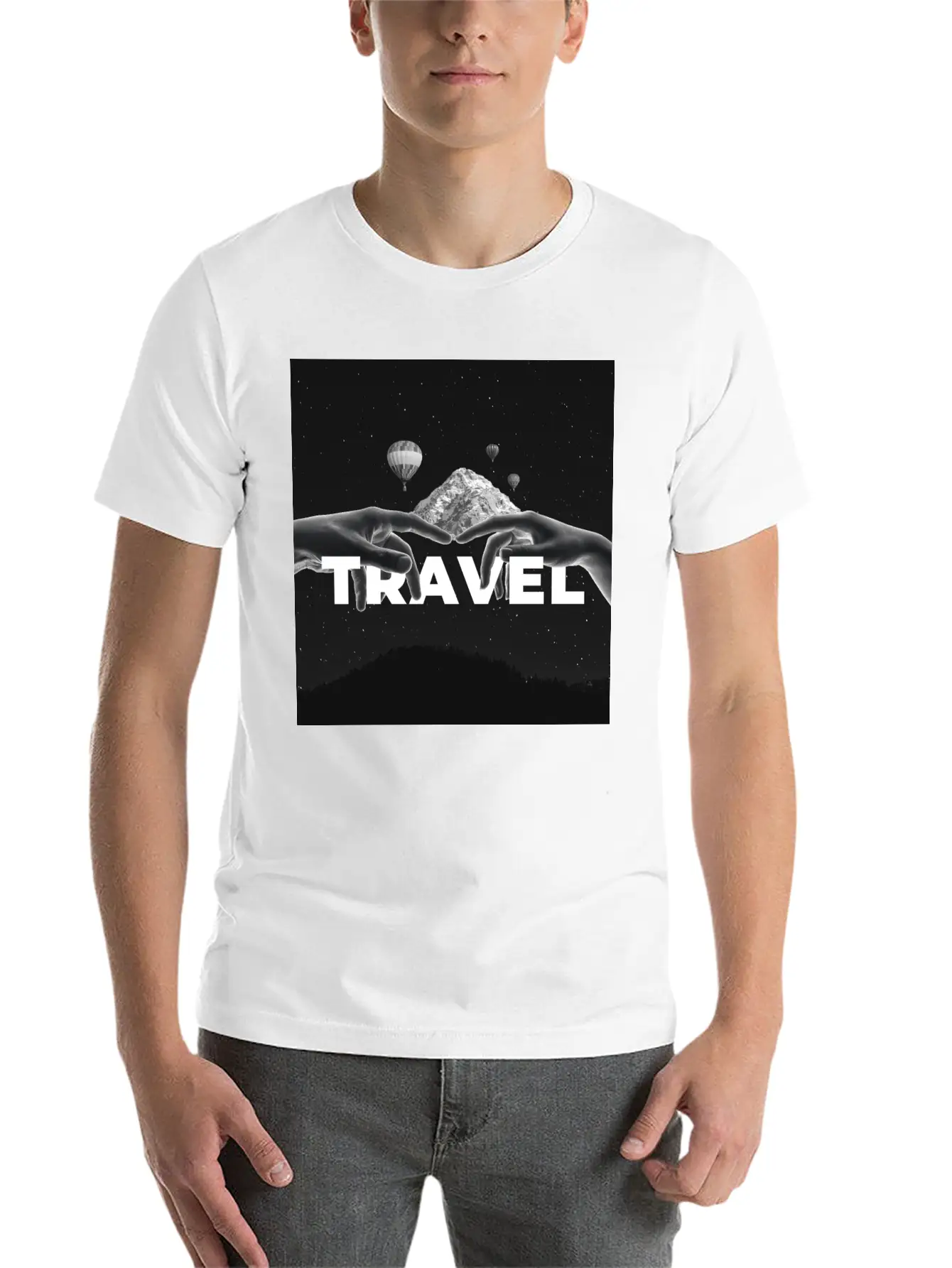 Travel, Mountains, Dream, Hands, Balloon, Starry S Stylish Everyday T-Shirt – Unisex Basic Cotton Tee