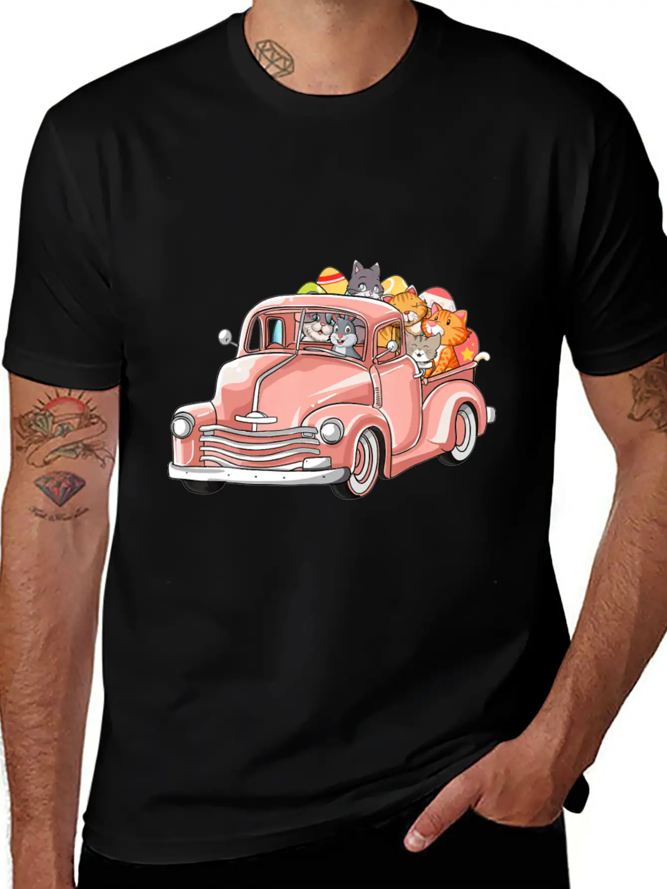 Truck With Cats Bunny Cute Easter Day Gift Men Essential Cotton Tee For Daily Outfits – Unisex Style
