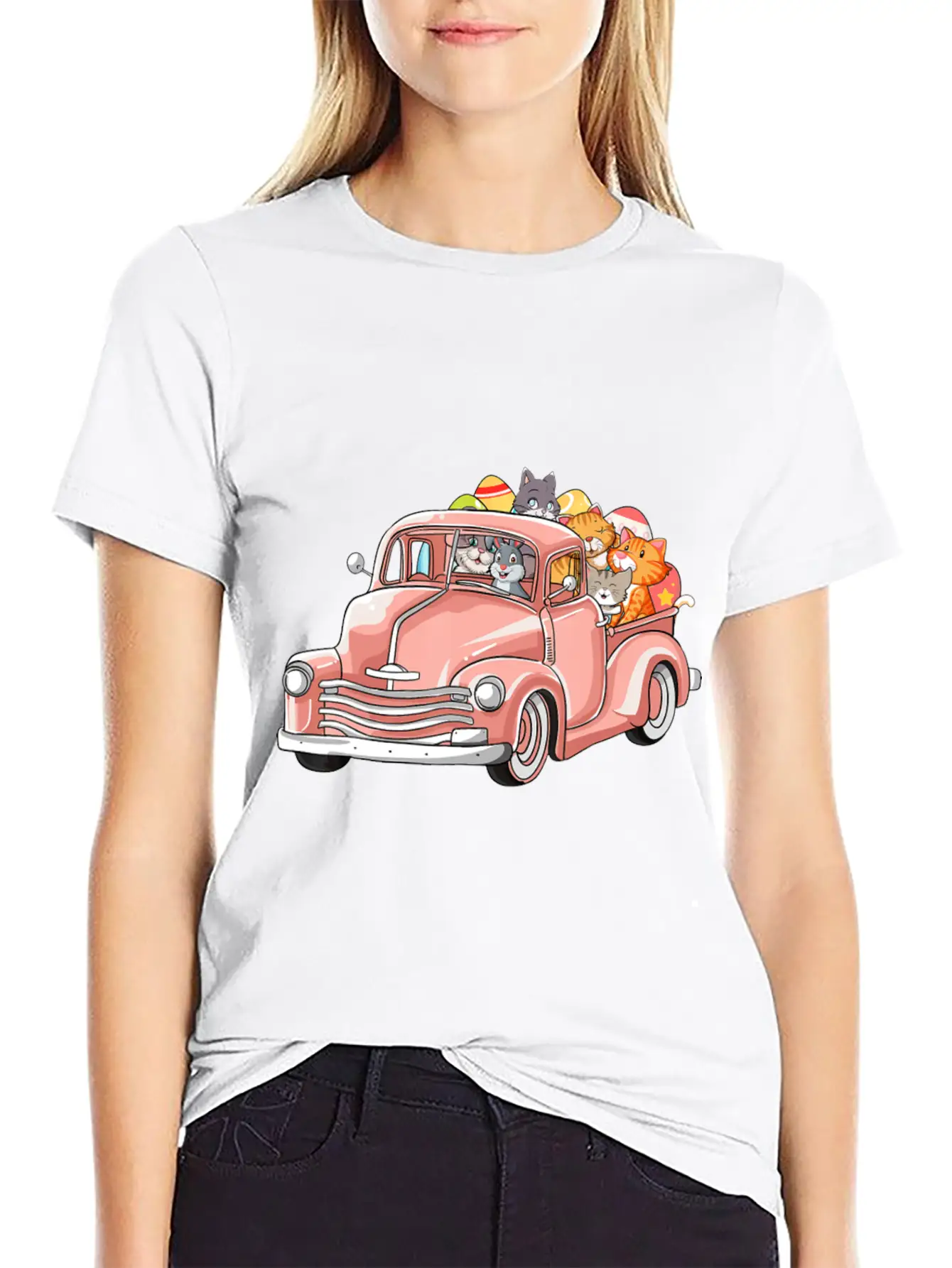 Truck With Cats Bunny Cute Easter Day Gift Men Essential Cotton Tee For Daily Outfits – Unisex Style