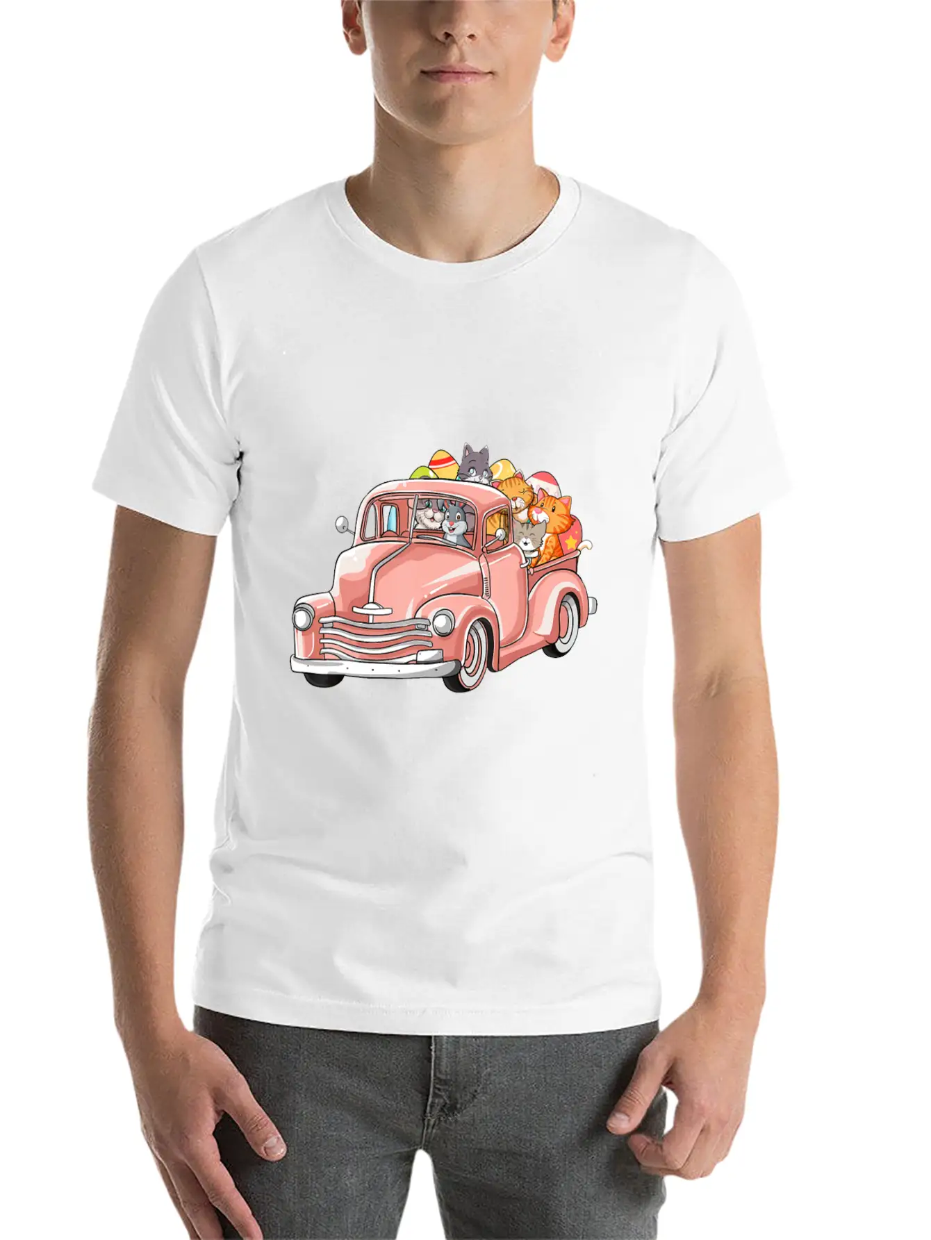 Truck With Cats Bunny Cute Easter Day Gift Men Essential Cotton Tee For Daily Outfits – Unisex Style