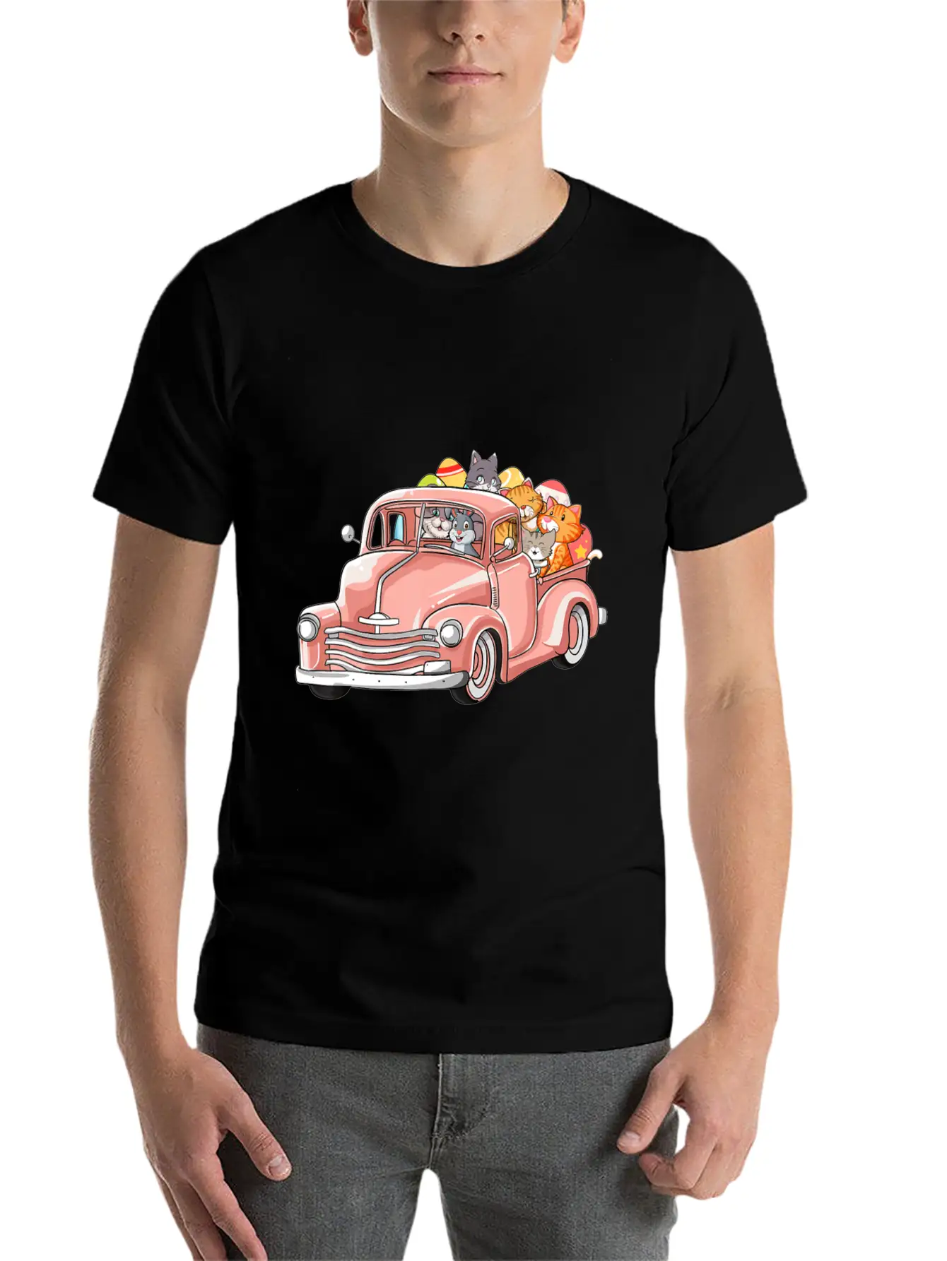 Truck With Cats Bunny Cute Easter Day Gift Men Essential Cotton Tee For Daily Outfits – Unisex Style