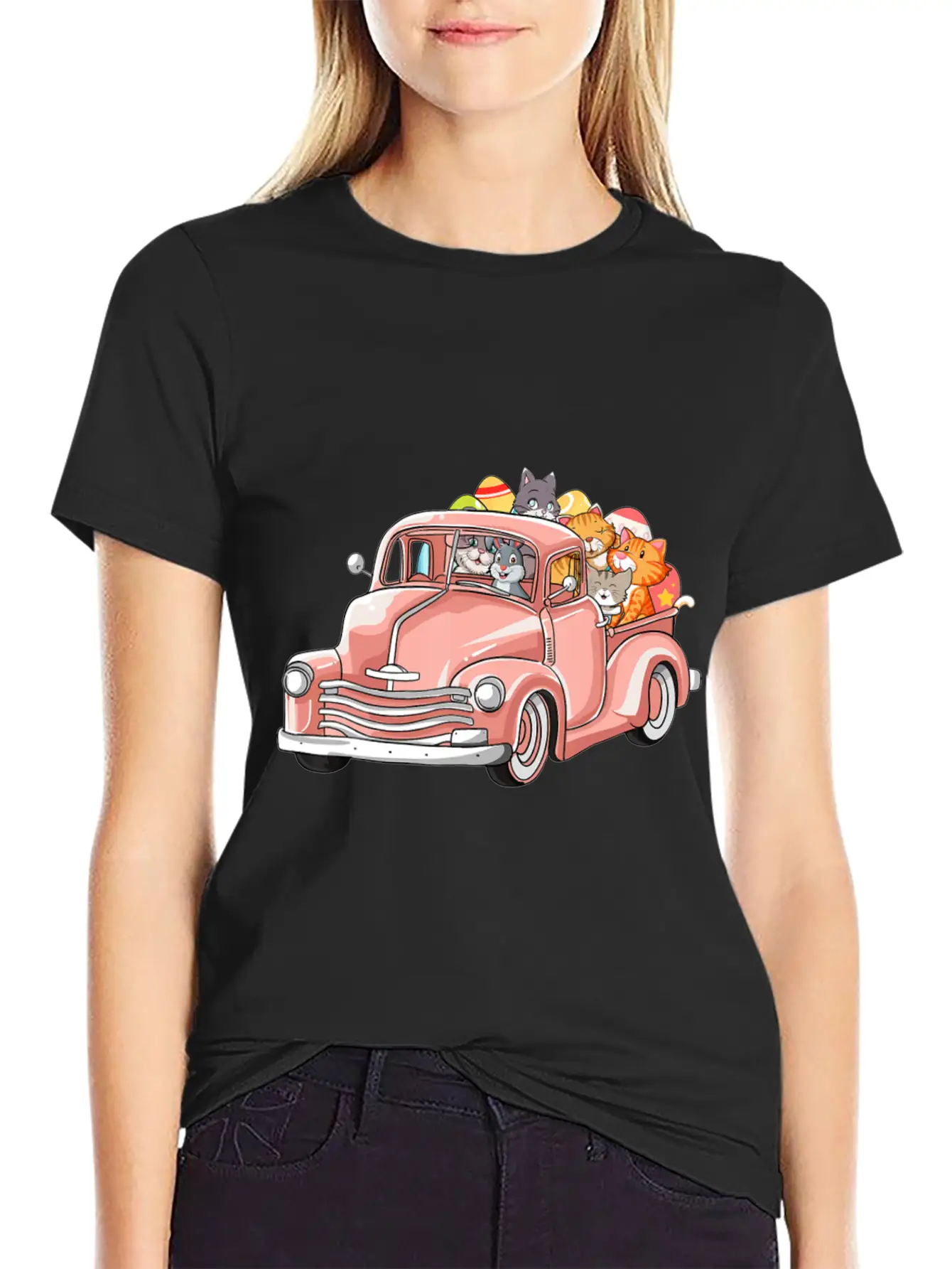 Truck With Cats Bunny Cute Easter Day Gift Men Essential Cotton Tee For Daily Outfits – Unisex Style