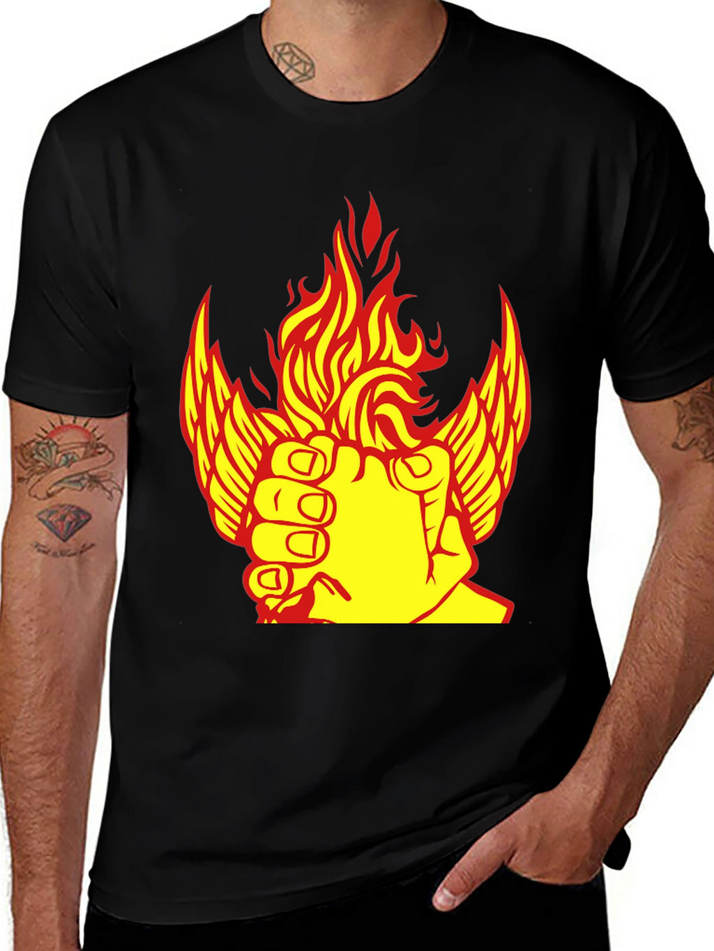 Fiery Winged Fist Graphic Tee - Bold Statement Shirt