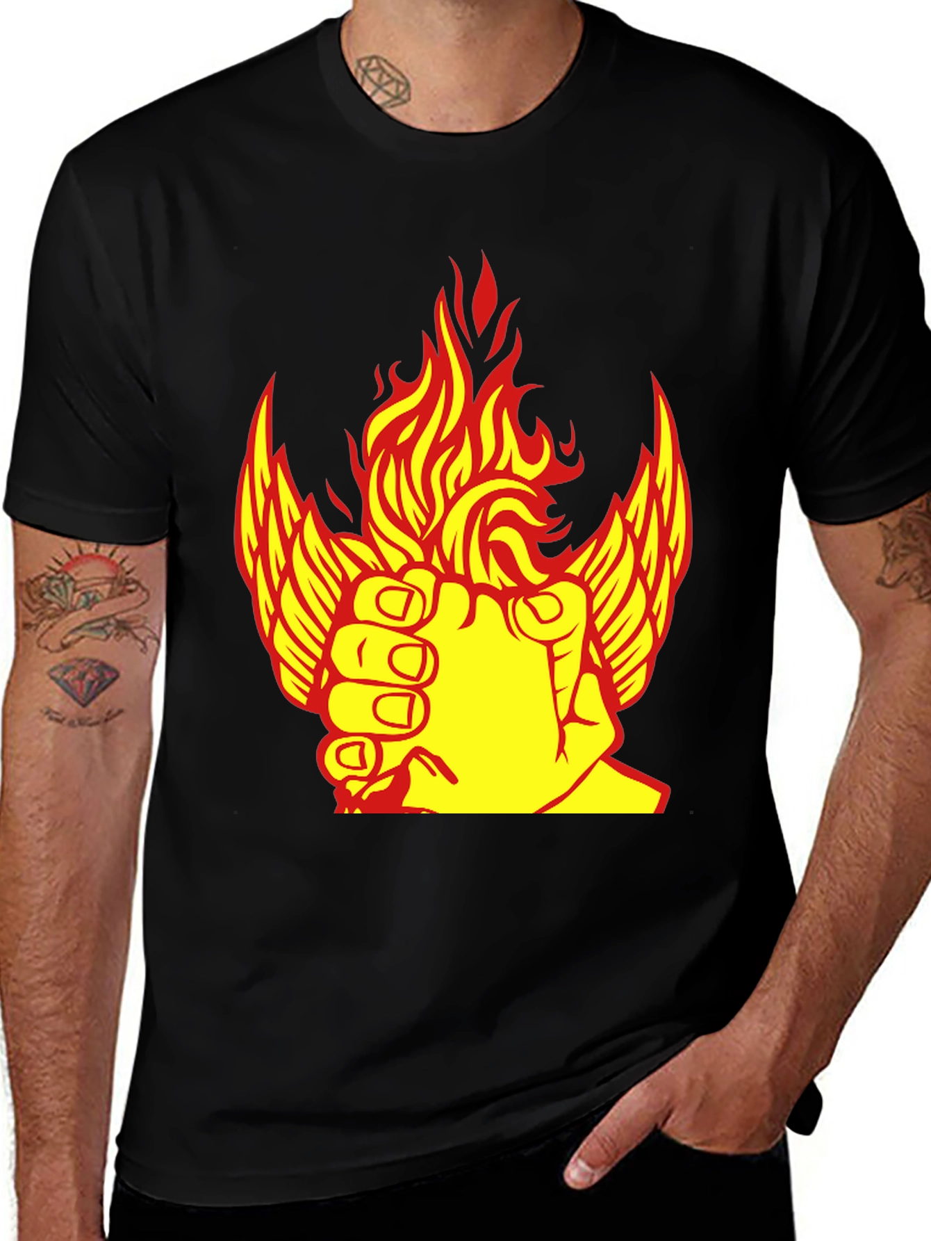 Fiery Winged Fist Graphic Tee - Bold Statement Shirt