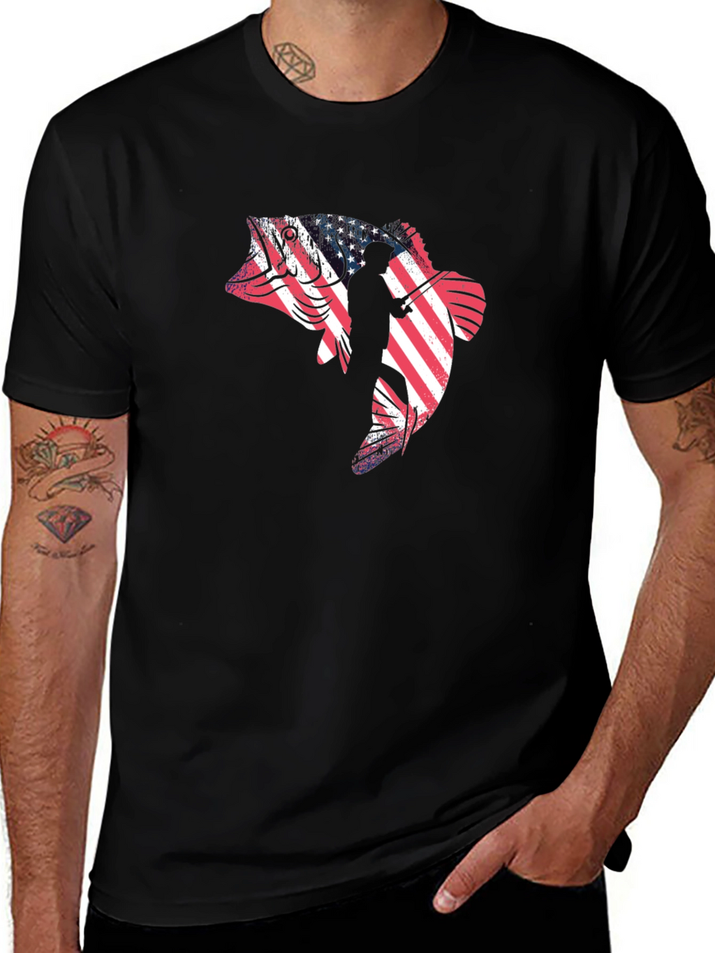 American Fish Angler Black Graphic Tee