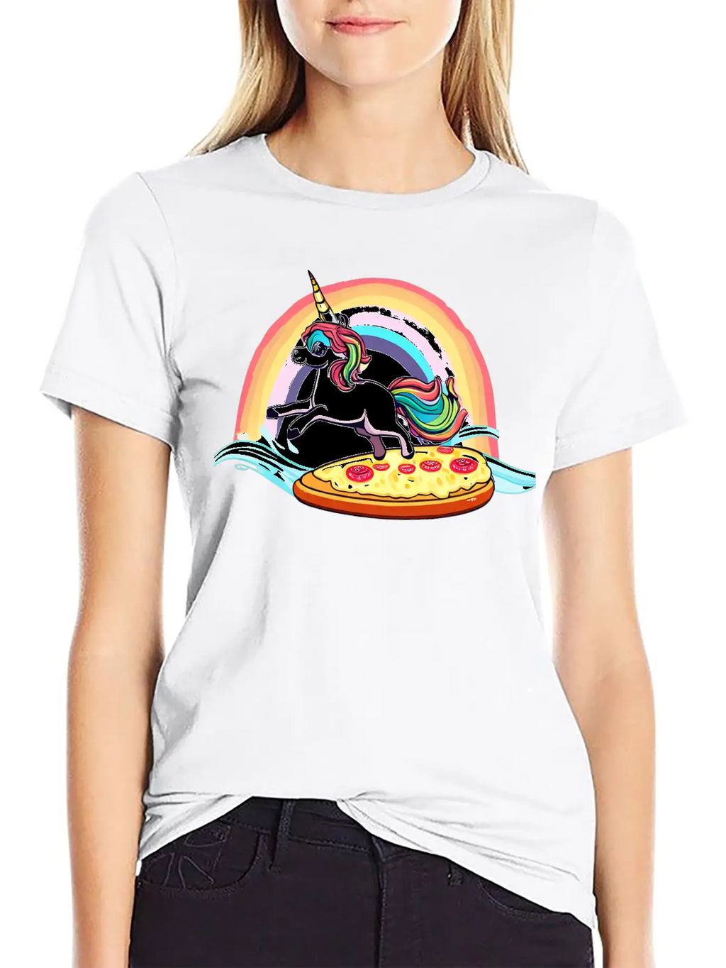 Unicorn Surfs For Pizza With Rainbow Breathable Soft Cotton T-Shirt – Timeless Casual Look
