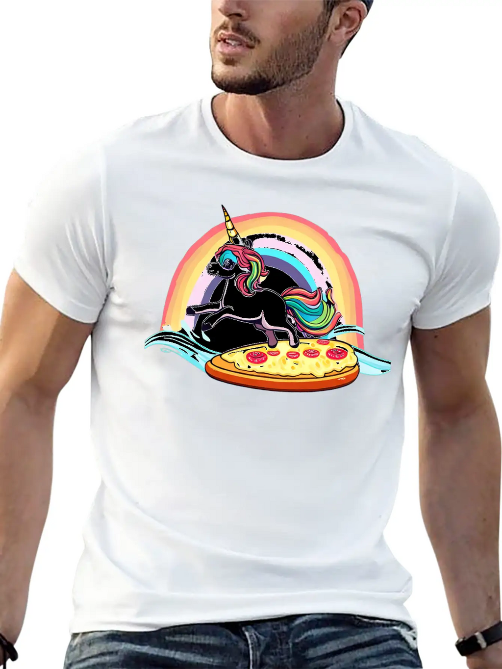 Unicorn Surfs For Pizza With Rainbow Breathable Soft Cotton T-Shirt – Timeless Casual Look