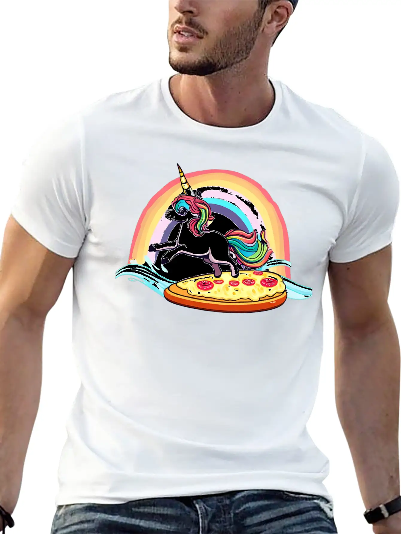 Unicorn Surfs For Pizza With Rainbow Breathable Soft Cotton T-Shirt – Timeless Casual Look
