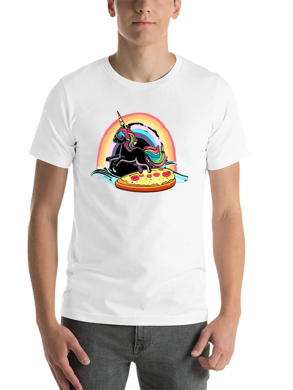 Unicorn Surfs For Pizza With Rainbow Breathable Soft Cotton T-Shirt – Timeless Casual Look