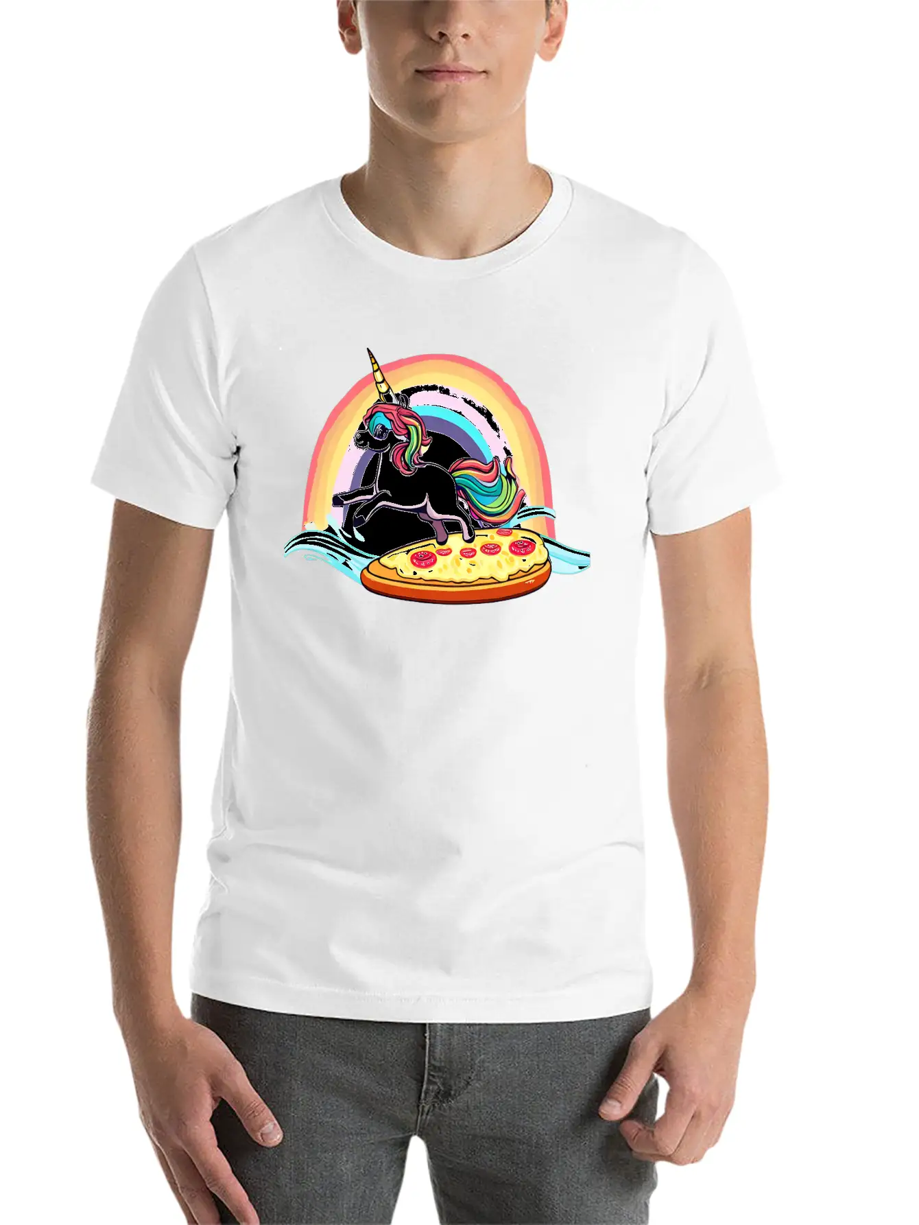 Unicorn Surfs For Pizza With Rainbow Breathable Soft Cotton T-Shirt – Timeless Casual Look
