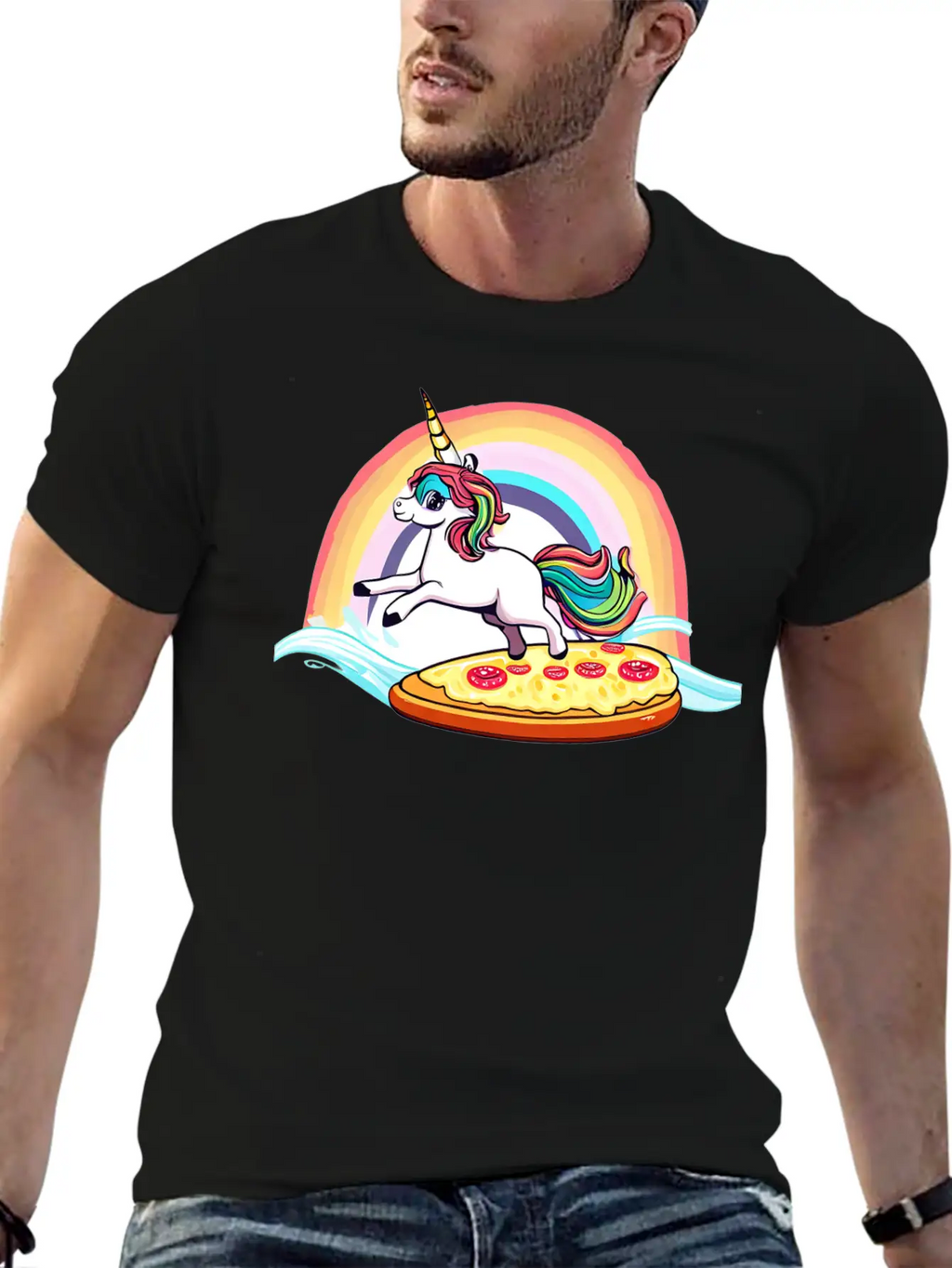 Unicorn Surfs For Pizza With Rainbow Breathable Soft Cotton T-Shirt – Timeless Casual Look