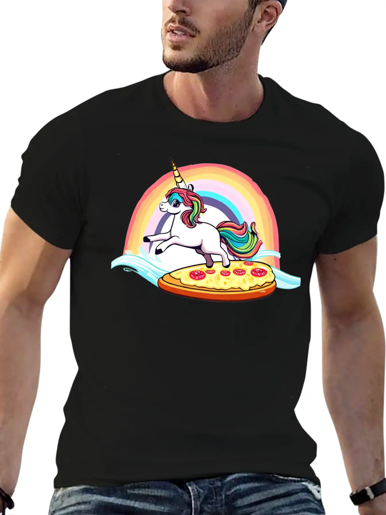 Unicorn Surfs For Pizza With Rainbow Breathable Soft Cotton T-Shirt – Timeless Casual Look