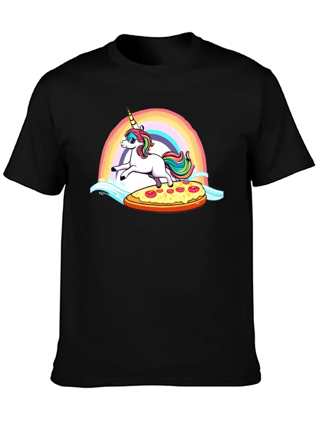 Unicorn Surfs For Pizza With Rainbow Breathable Soft Cotton T-Shirt – Timeless Casual Look