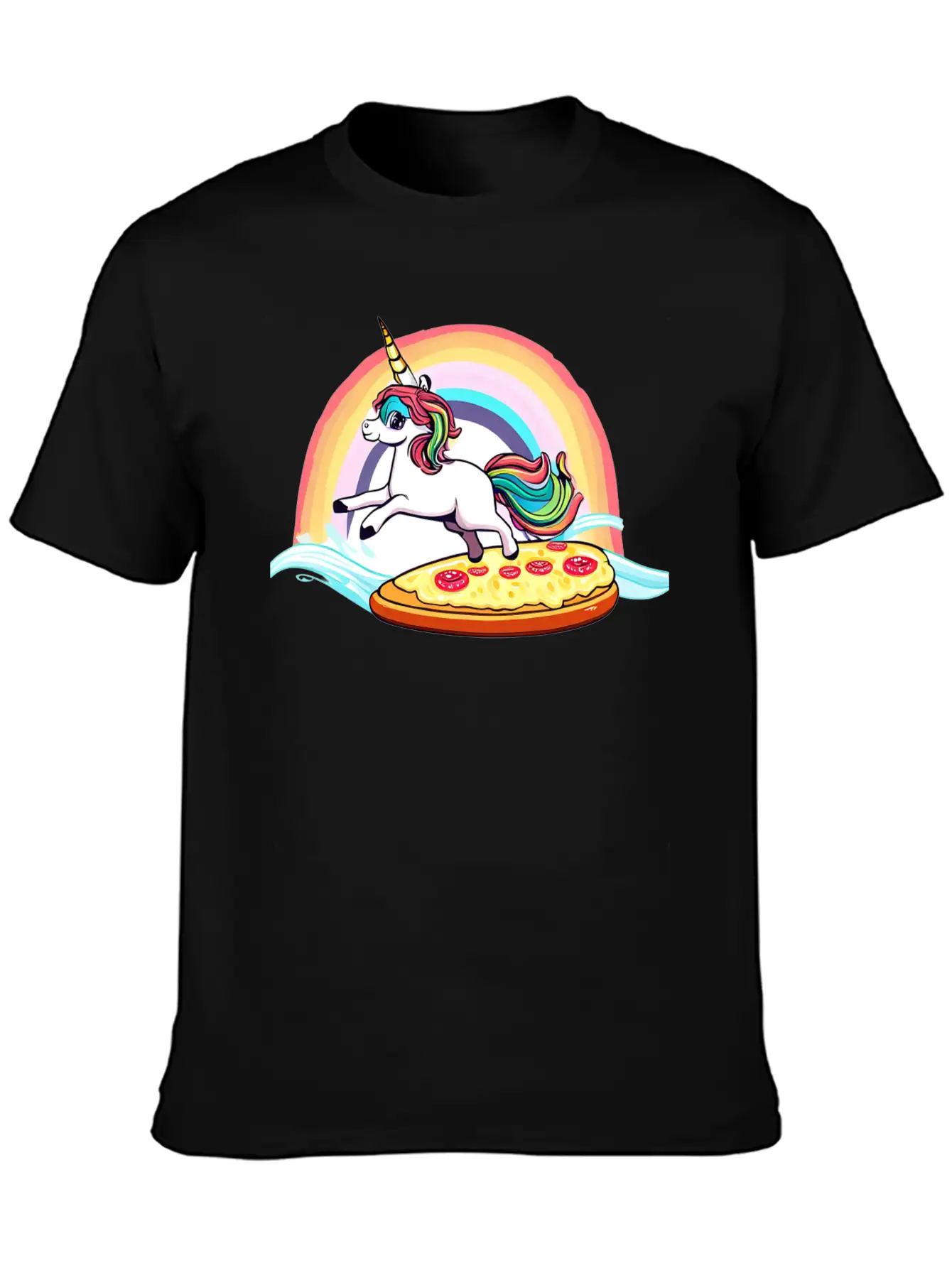 Unicorn Surfs For Pizza With Rainbow Breathable Soft Cotton T-Shirt – Timeless Casual Look