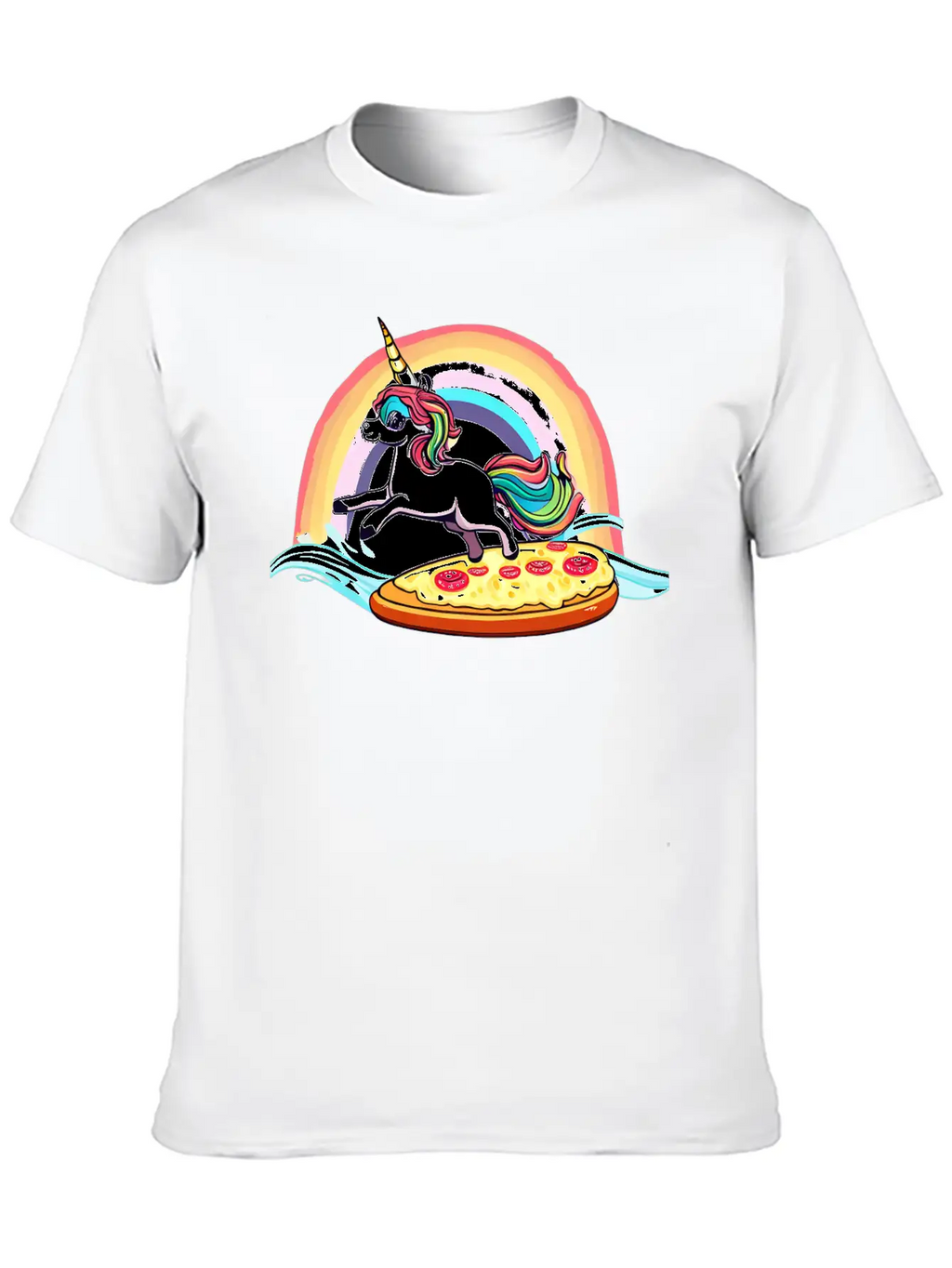 Unicorn Surfs For Pizza With Rainbow Breathable Soft Cotton T-Shirt – Timeless Casual Look