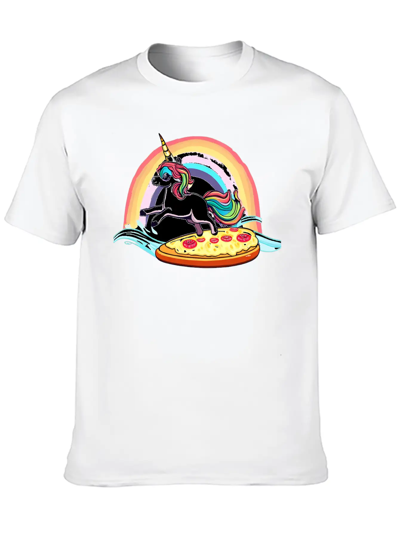 Unicorn Surfs For Pizza With Rainbow Breathable Soft Cotton T-Shirt – Timeless Casual Look