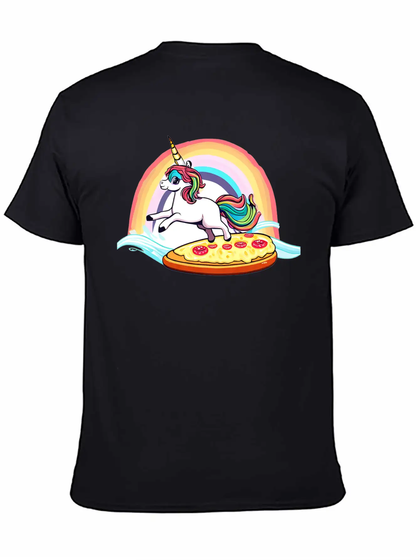 Unicorn Surfs For Pizza With Rainbow Breathable Soft Cotton T-Shirt – Timeless Casual Look
