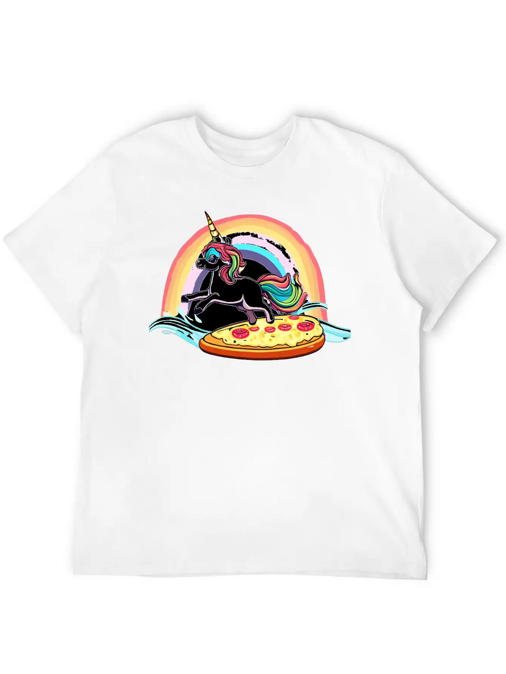 Unicorn Surfs For Pizza With Rainbow Breathable Soft Cotton T-Shirt – Timeless Casual Look