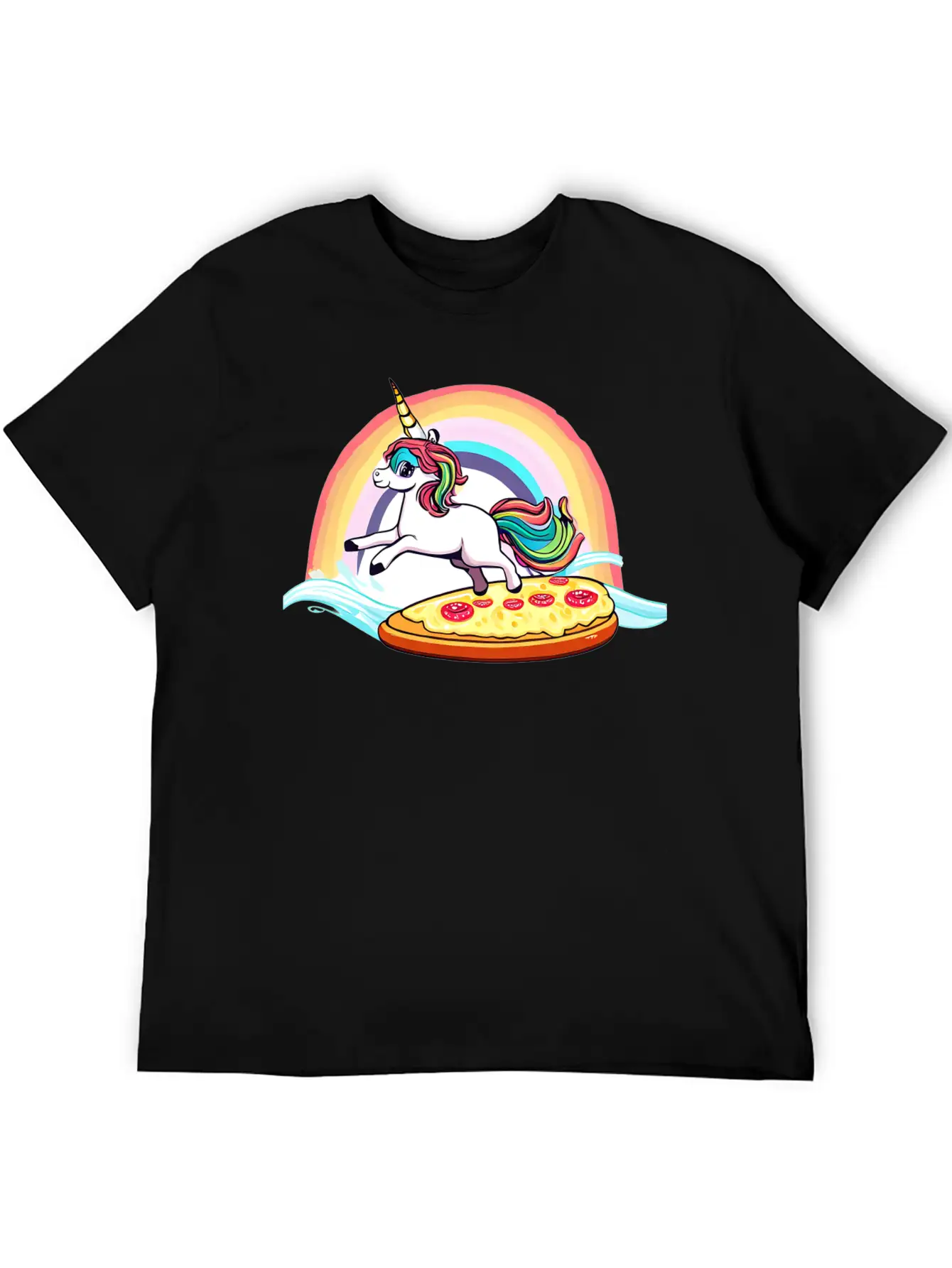 Unicorn Surfs For Pizza With Rainbow Breathable Soft Cotton T-Shirt – Timeless Casual Look