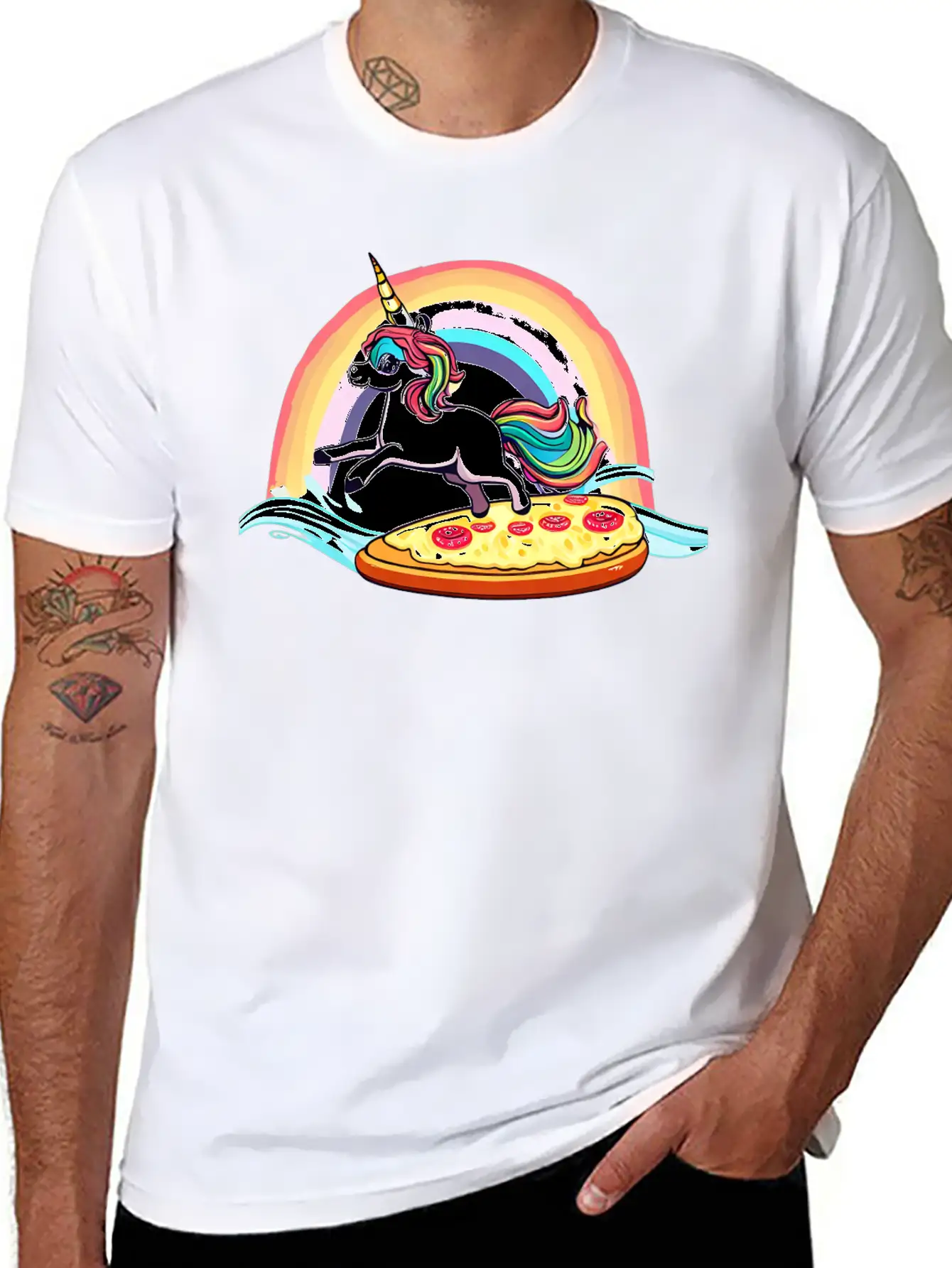 Unicorn Surfs For Pizza With Rainbow Breathable Soft Cotton T-Shirt – Timeless Casual Look